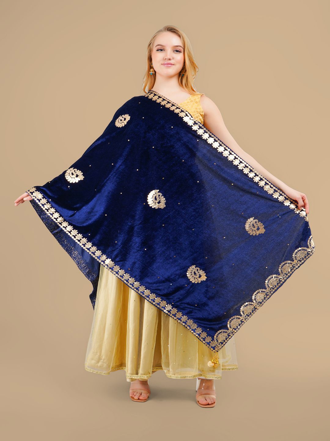 

Karthav Fashion Paisley Embroidered Velvet Dupatta With Gotta Patti, Navy blue