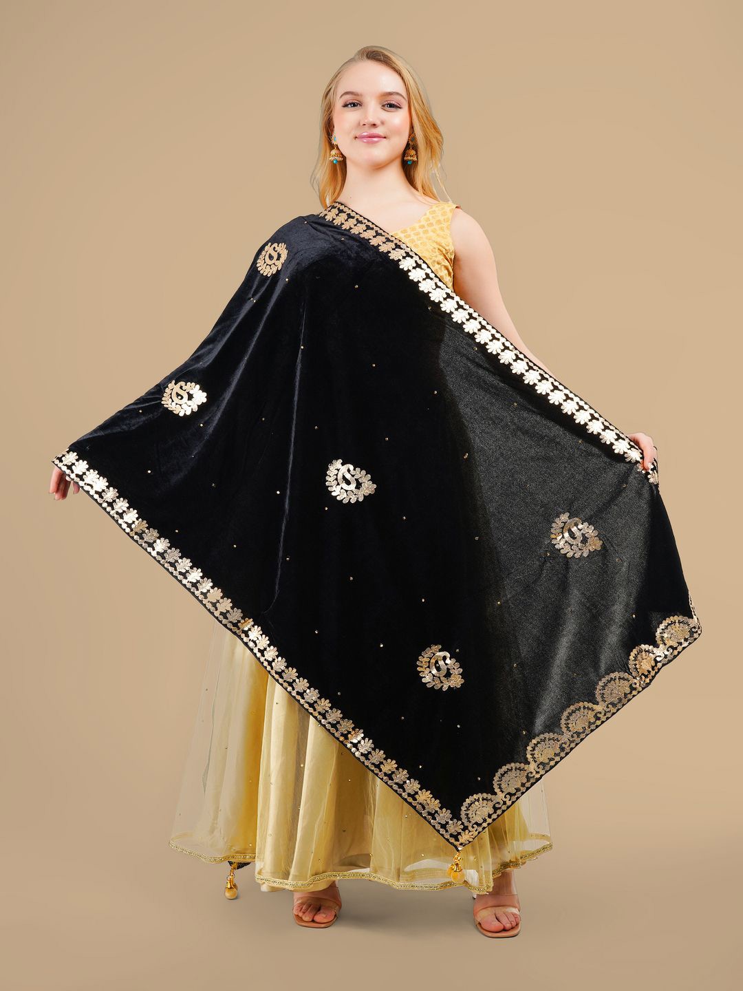 

Karthav Fashion Paisley Embroidered Velvet Dupatta With Gotta Patti, Black