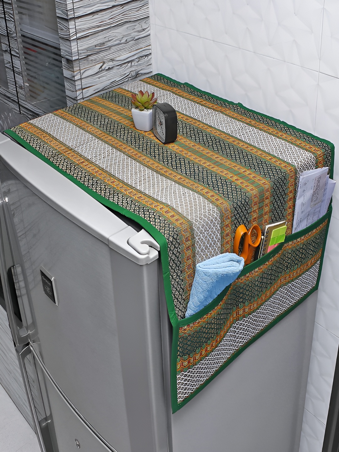

HOKIPO Green & Brown Printed Fridge Cover Top With Pockets