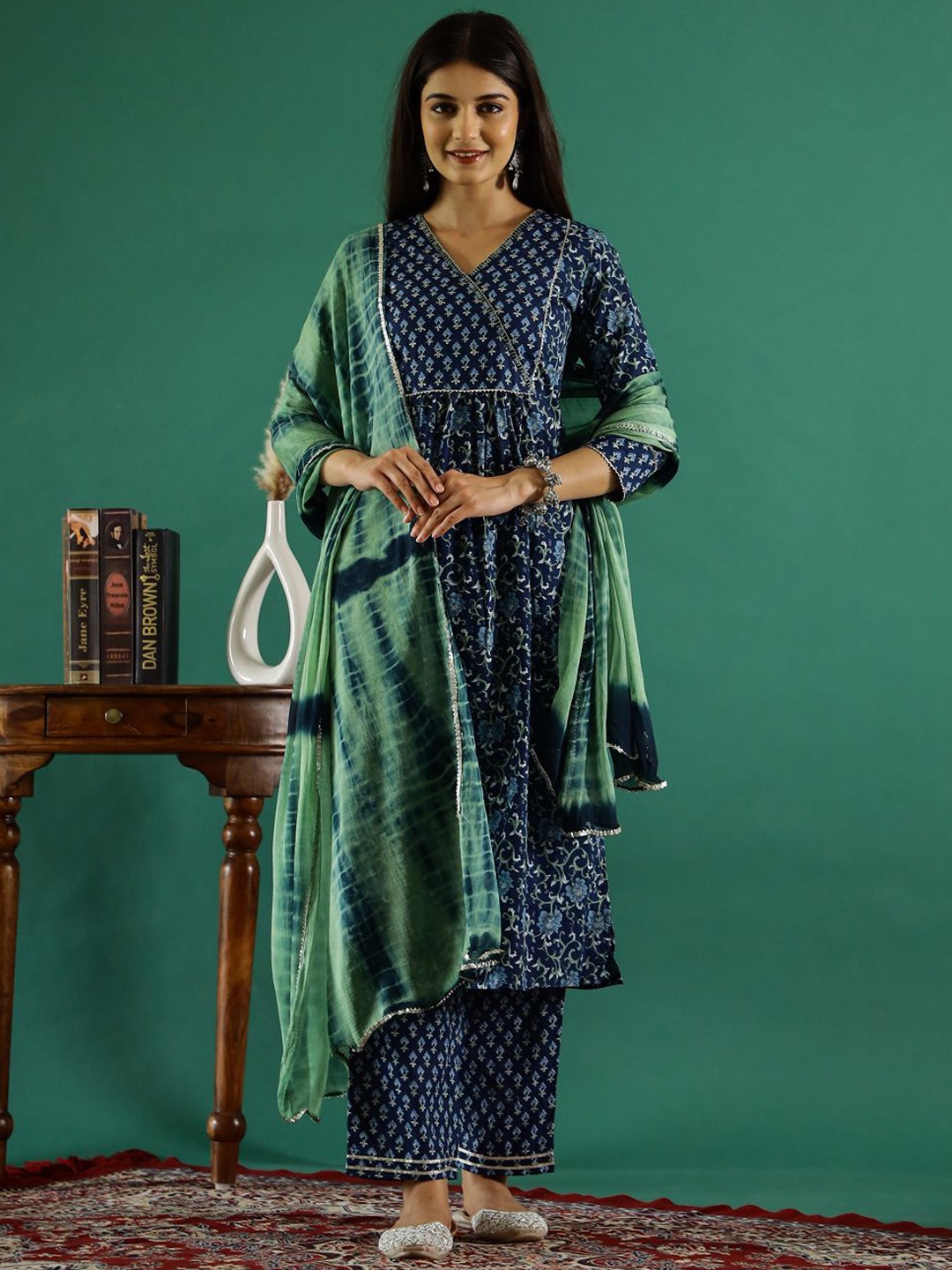 

Sangria Blue Floral Printed Gotta Patti Pure Cotton A-Line Kurta With Trousers And Dupatta