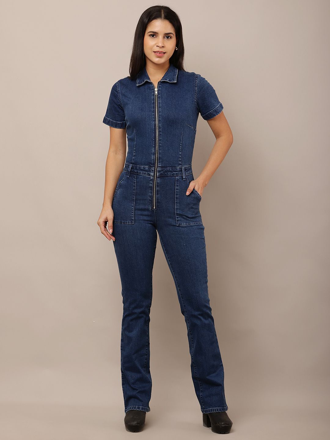 

NoBarr Women Shirt Collar Basic Jumpsuit, Blue