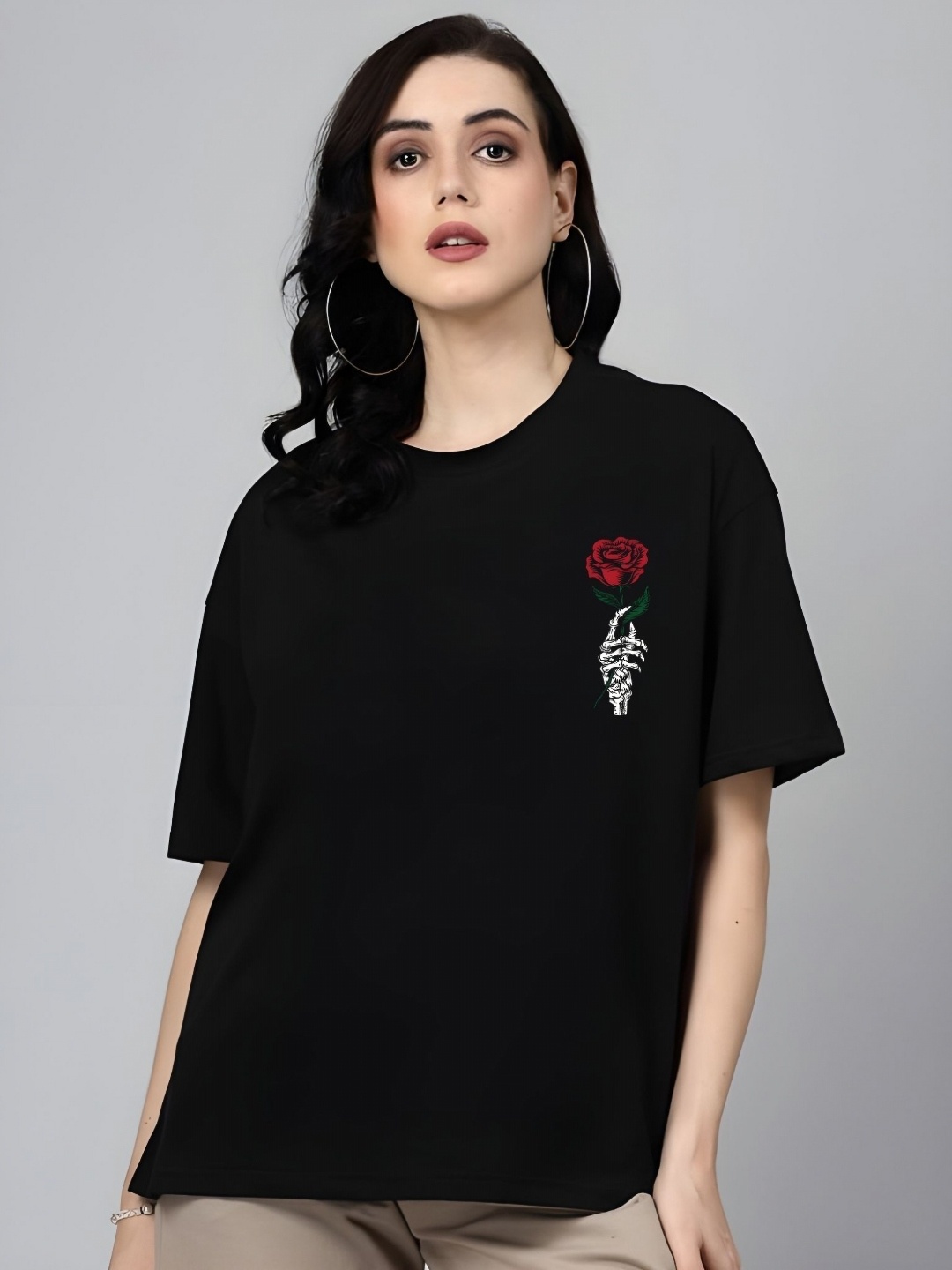 

DressBerry Women Floral Printed Round Neck Cotton Oversized T-shirt, Black