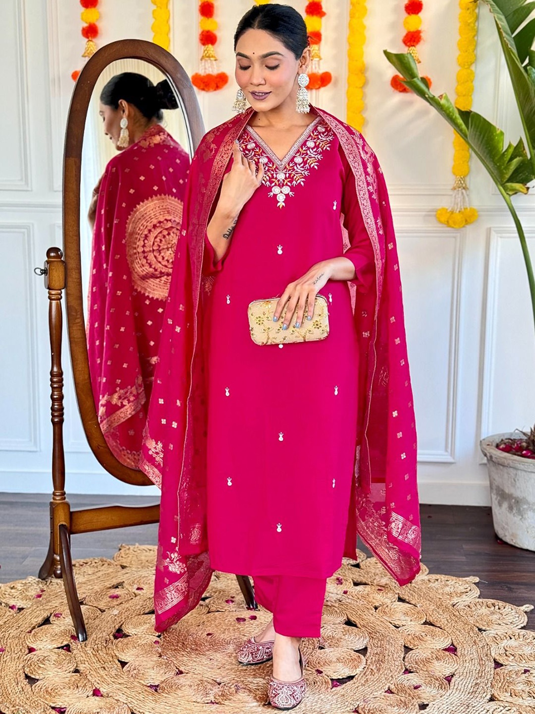 

KALINI Floral Embroidered V-Neck Straight Kurta With Trousers And Dupatta, Pink