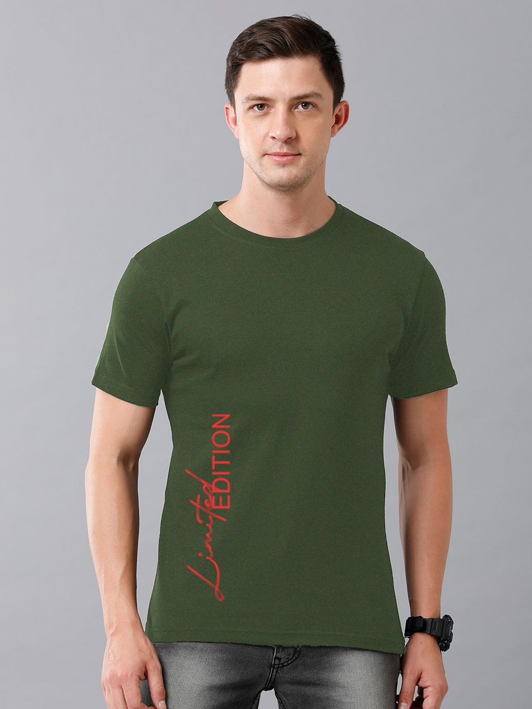 

Moda Rapido Men Typography Printed Round Neck Cotton T-shirt, Olive