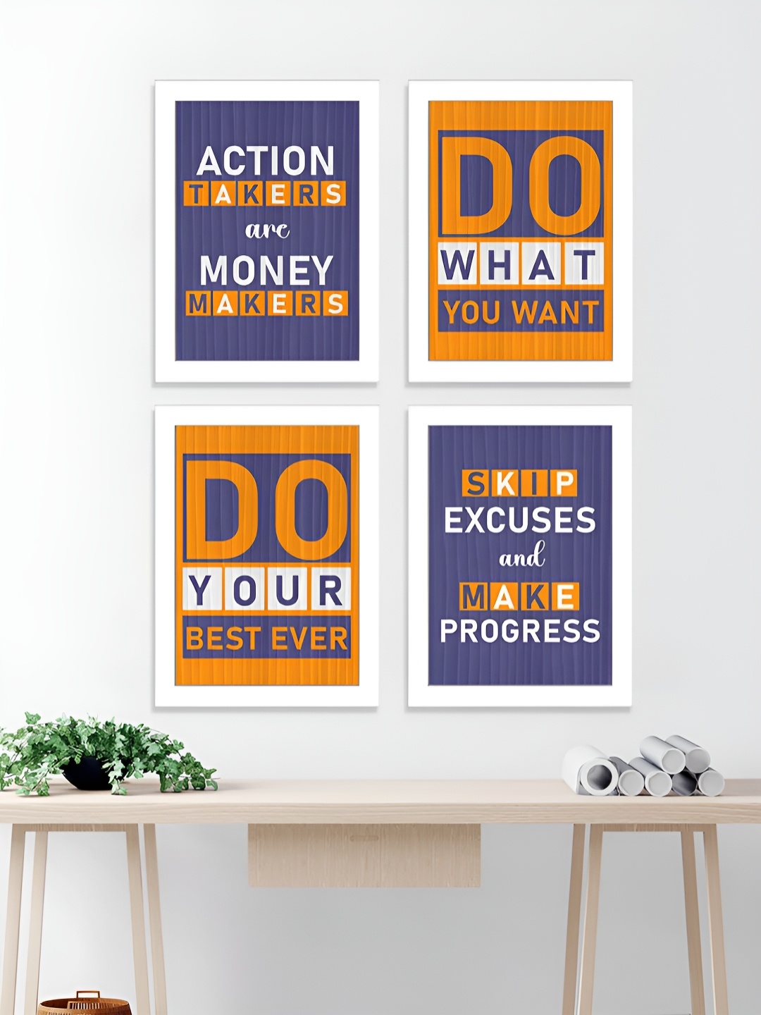 

Art Street Orange & Blue 4 Pieces Motivational Art Prints Wood Wall Art, White