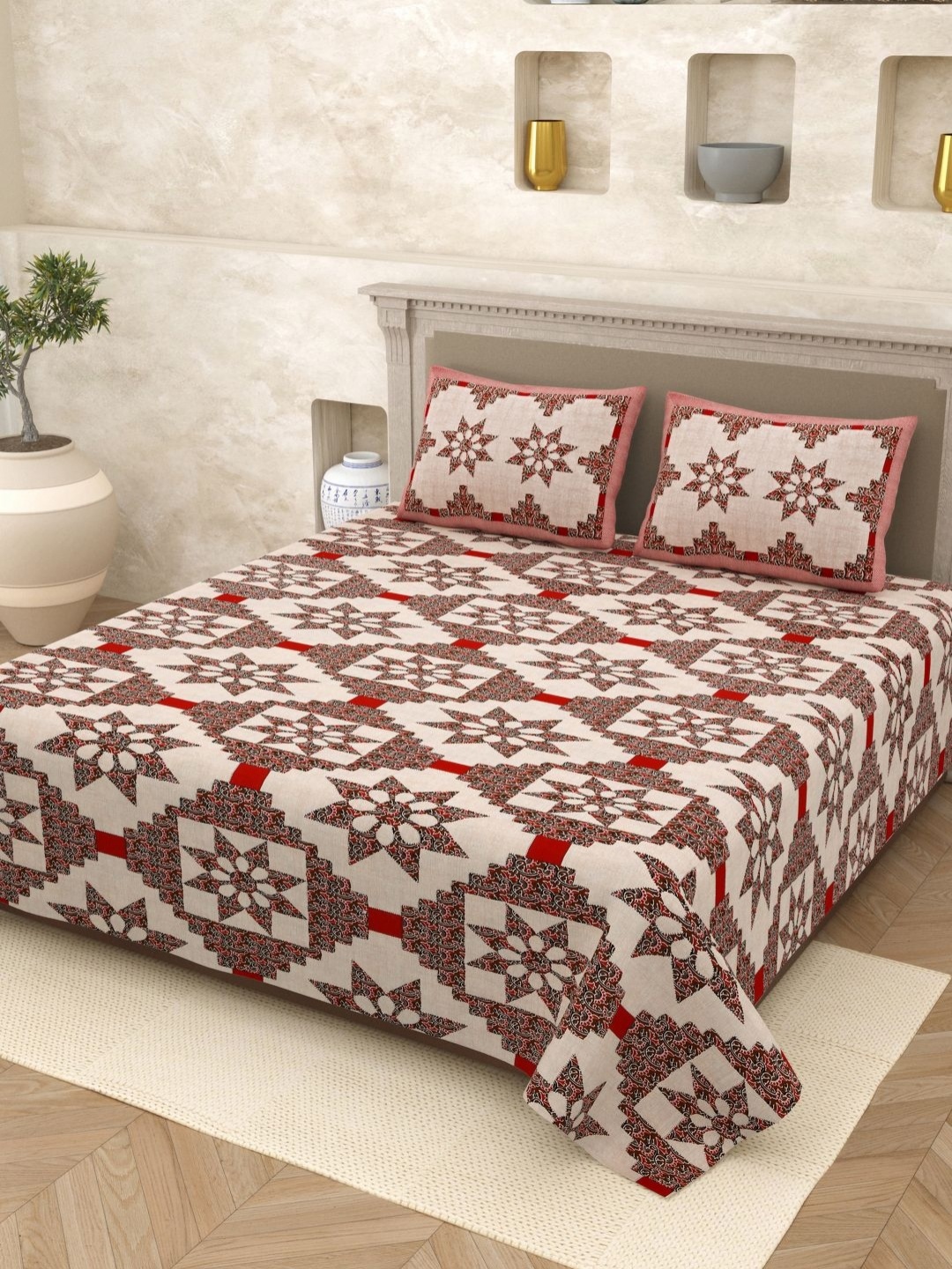 

Myntra Elegant Homes Brown & Maroon Ethnic Motifs 210 TC King Bedsheet with 2 Pillow Covers