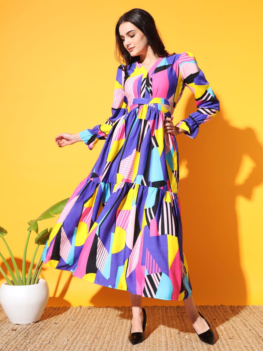 

ZWERLON Women Printed Cut-Outs Tiered Bell Sleeves Fit and Flare Midi Dress, Blue