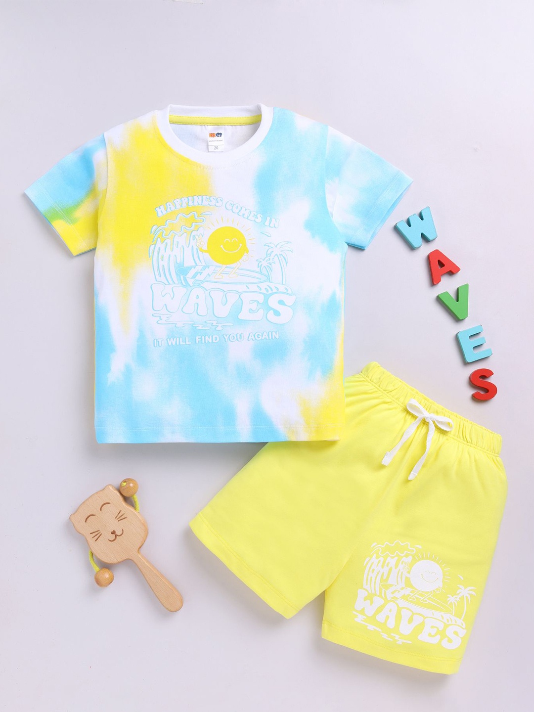 

LITTLE NINJA Boys Dyed Round Neck Pure Cotton T-Shirt With Shorts, Blue