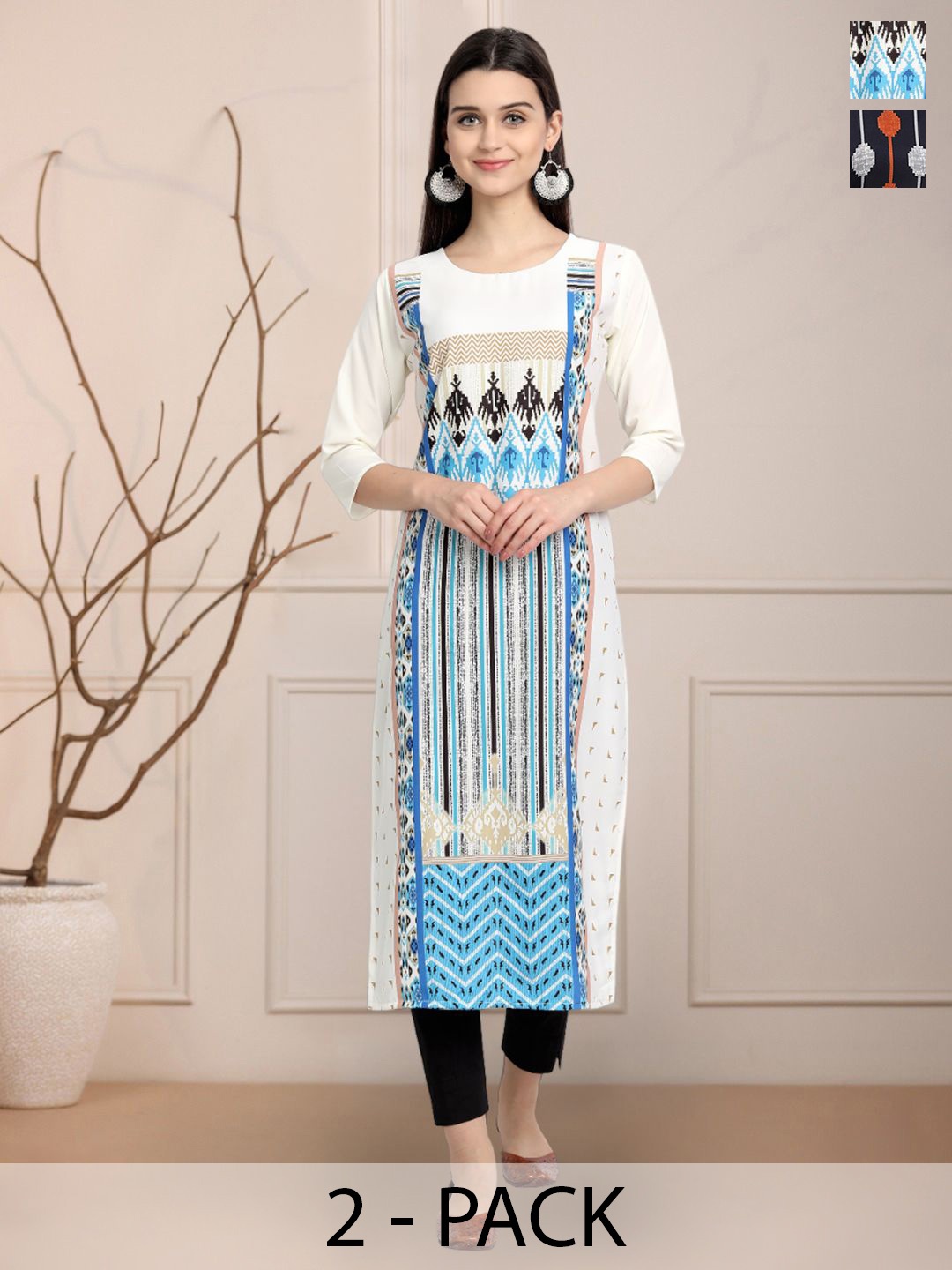 

Moda Rapido Set of 2 Ethnic Printed Round Neck Straight Kurtas, White