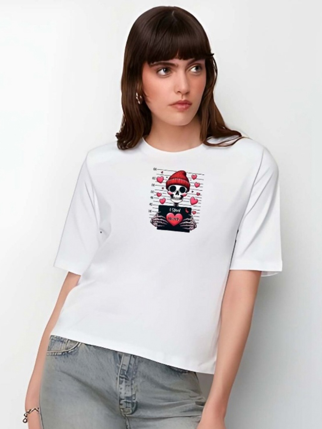 

DressBerry Women Graphic Printed Round Neck Cotton Boxy T-shirt, White