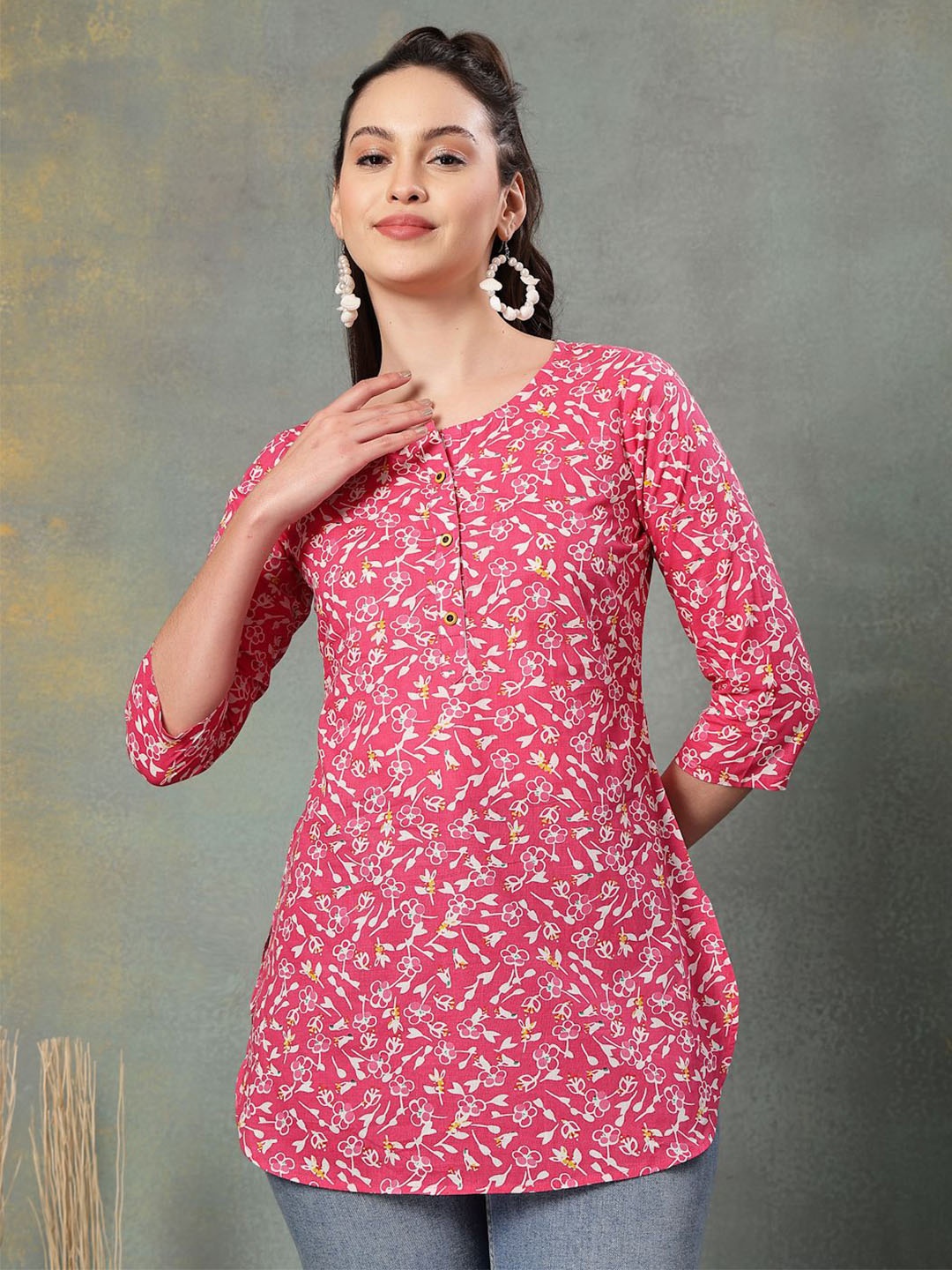 

God Bless Women Floral Printed Pure Cotton Kurti, Pink