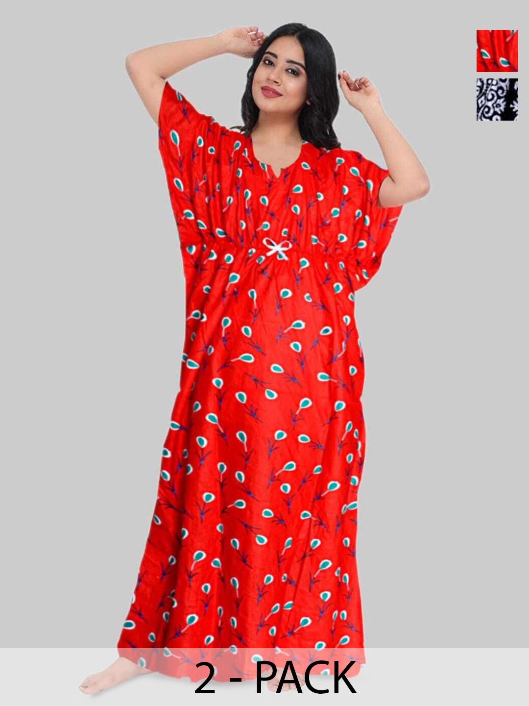 

PR PINK ROYAL Women Pack Of 2 Printed Pure Cotton Maxi Nightdress, Black