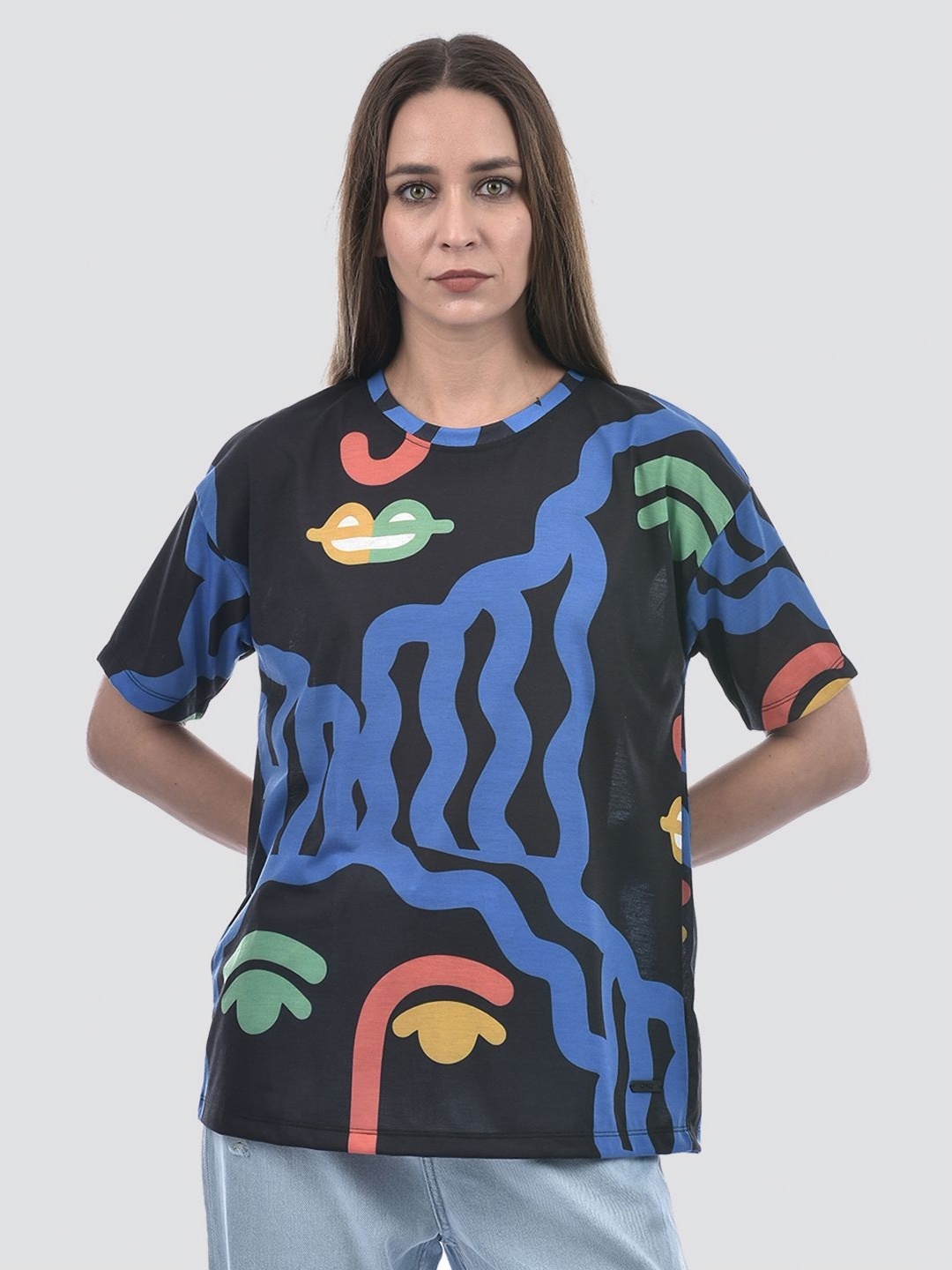 

ONLY Women Conversational Printed Round Neck Cotton Oversized T-shirt, Black