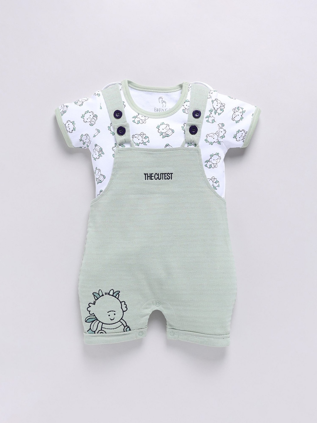 

BABY GO Embroidered Cotton Dungaree With Printed T-Shirt, Green