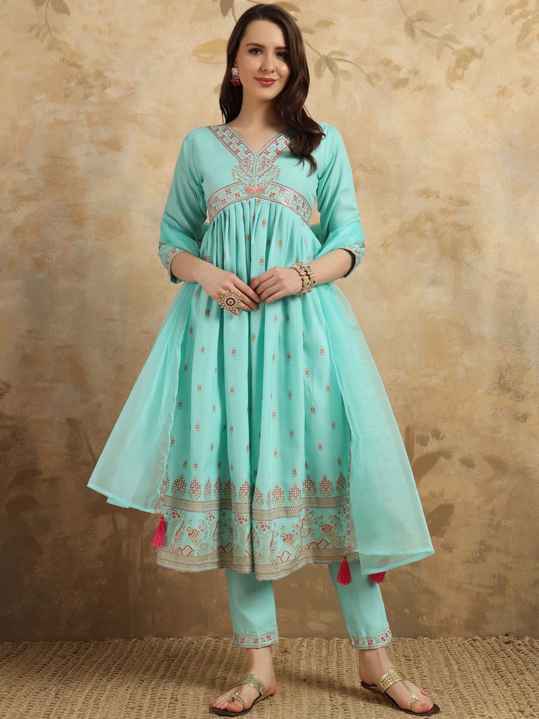 

ZIBLON Ethnic Motifs Embroidered V-Neck Empire Kurta With Trousers & Dupatta, Blue