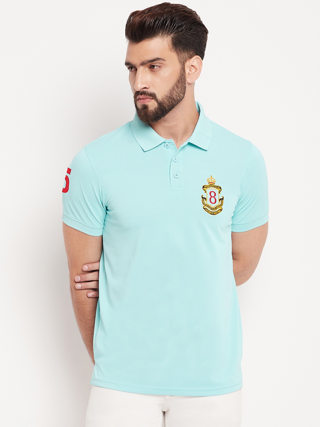 

AUXAMIS Men Polo Collar Applique T-shirt, Turquoise blue