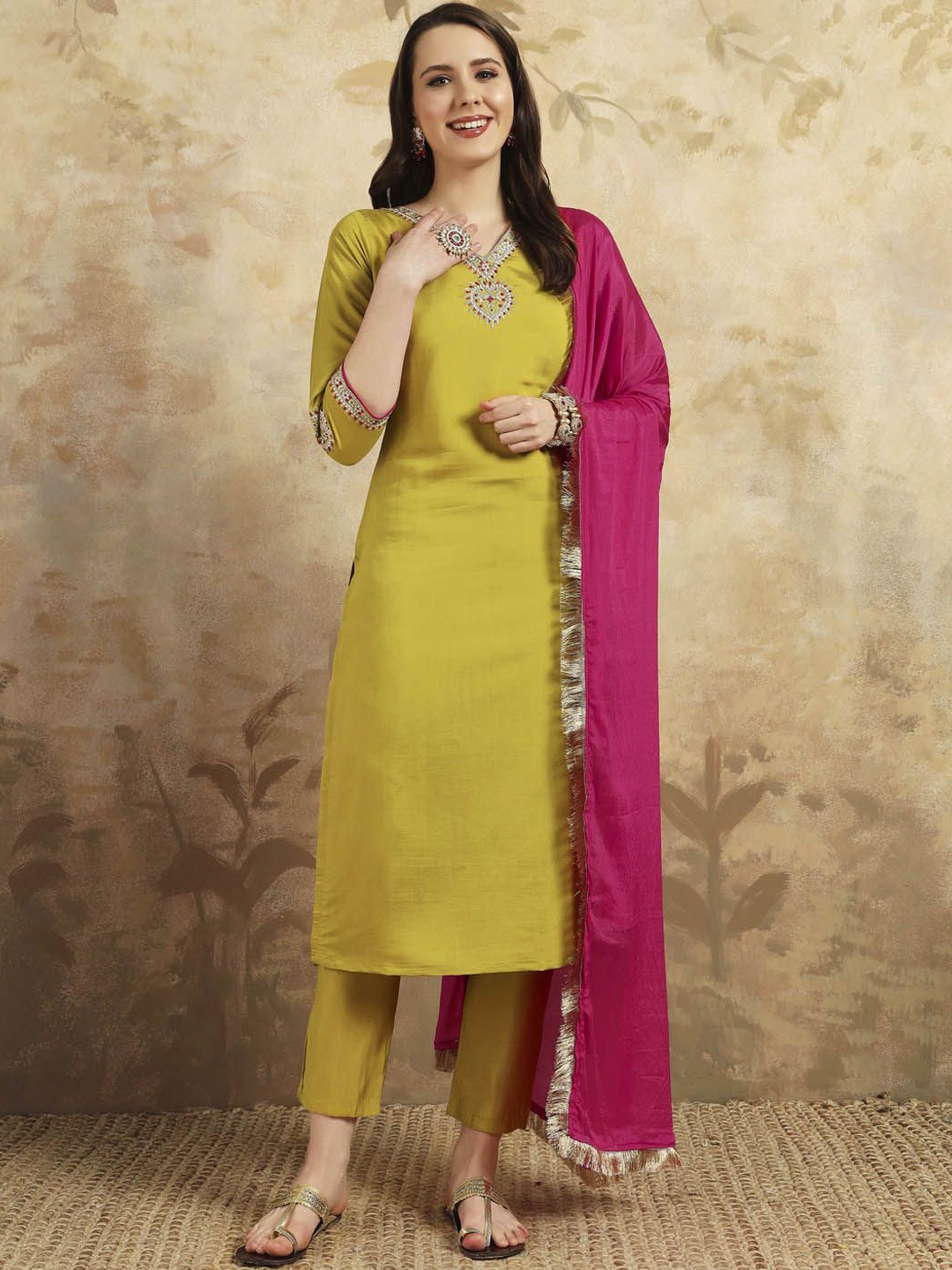 

Lilots Ethnic Motifs Yoke Design Chanderi Silk Kurta With Trousers And Dupatta, Mustard