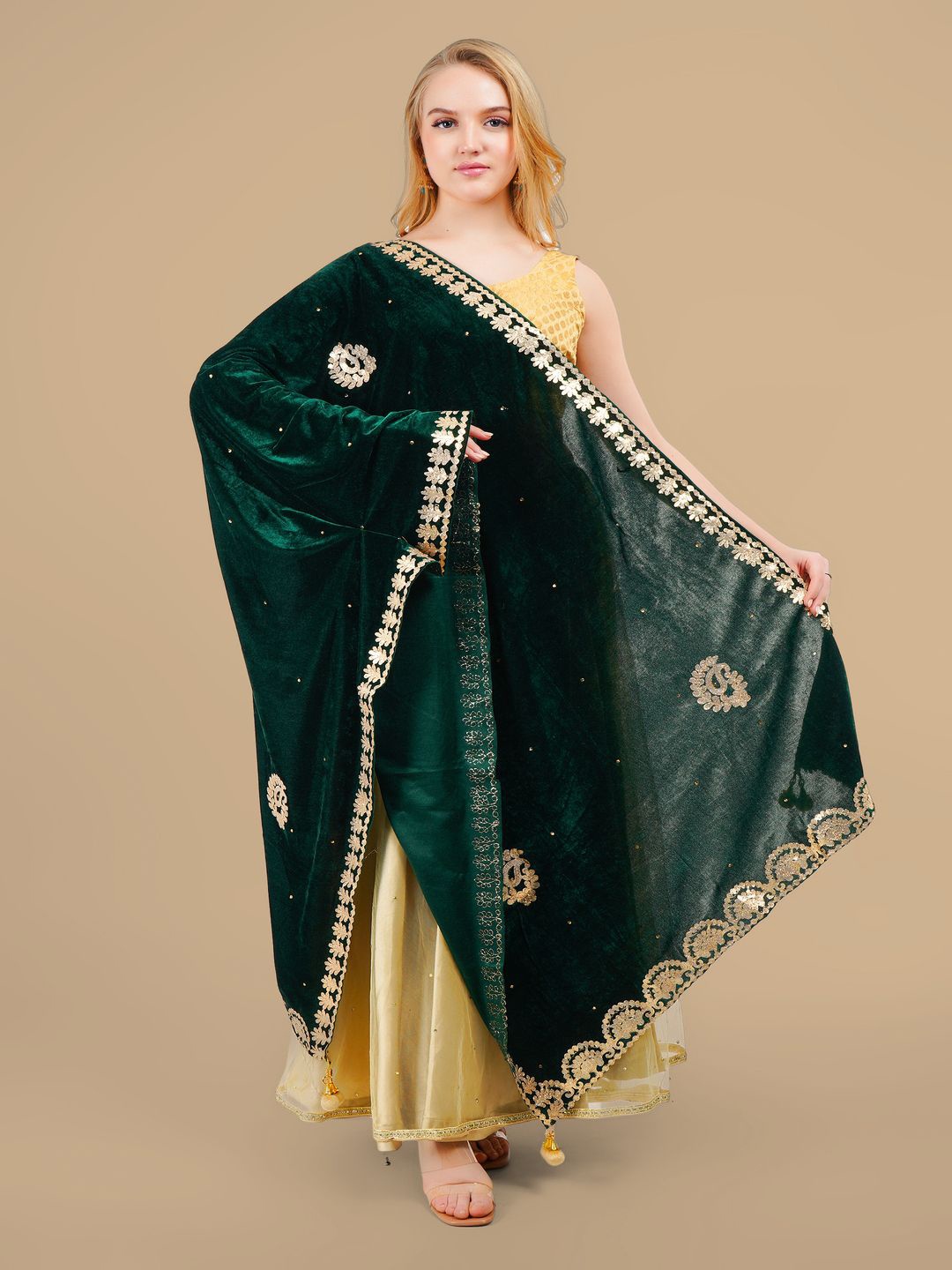 

Karthav Fashion Paisley Embroidered Velvet Dupatta With Gotta Patti, Green