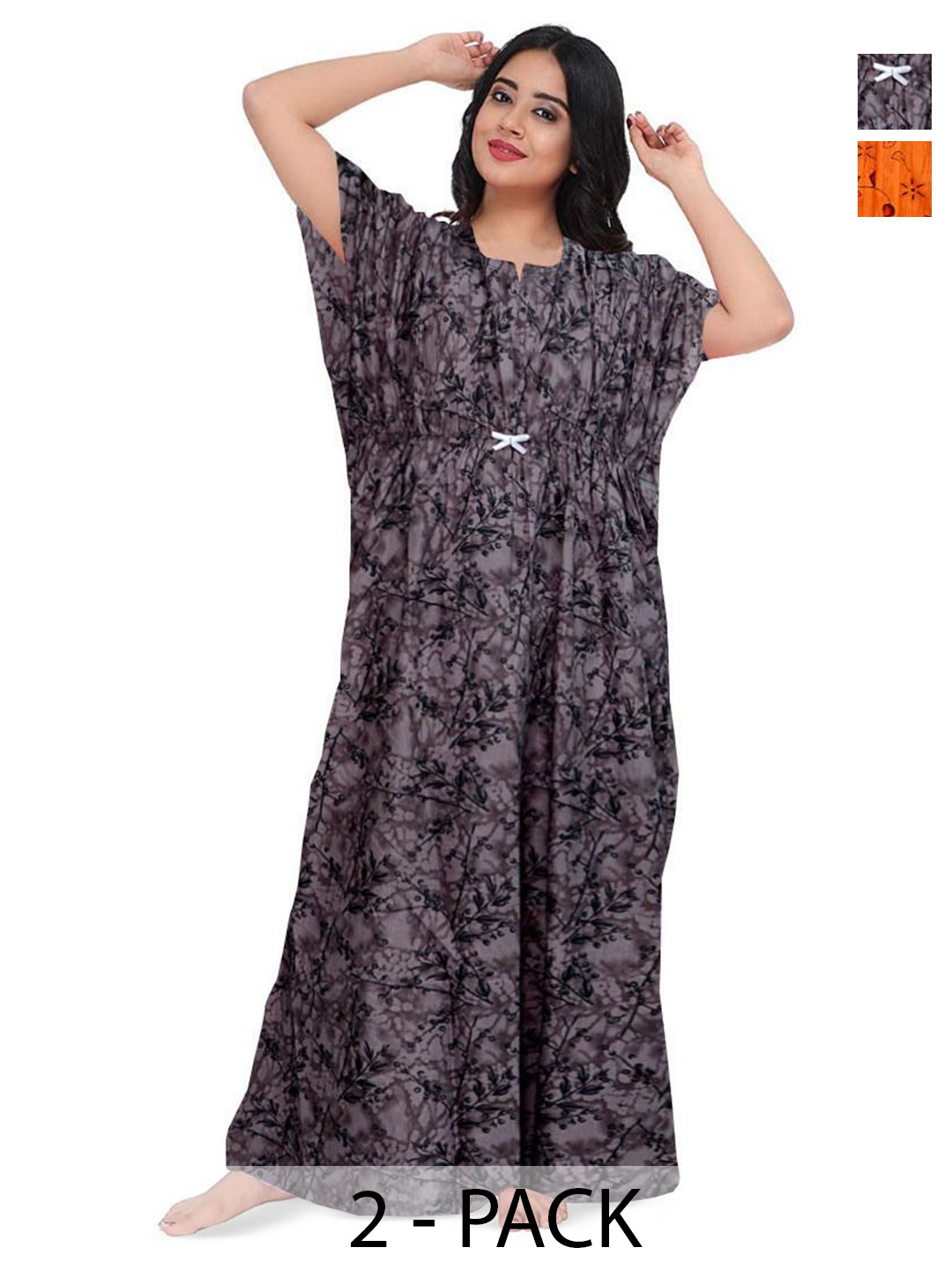 

PR PINK ROYAL Women Pack of 2 Printed Pure Cotton Maxi Kaftan Nightdress, Orange