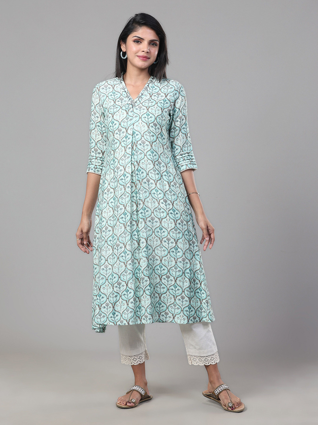 

Vismay Floral Printed V-Neck Mirror Work Chanderi Silk A-Line Kurta, Blue