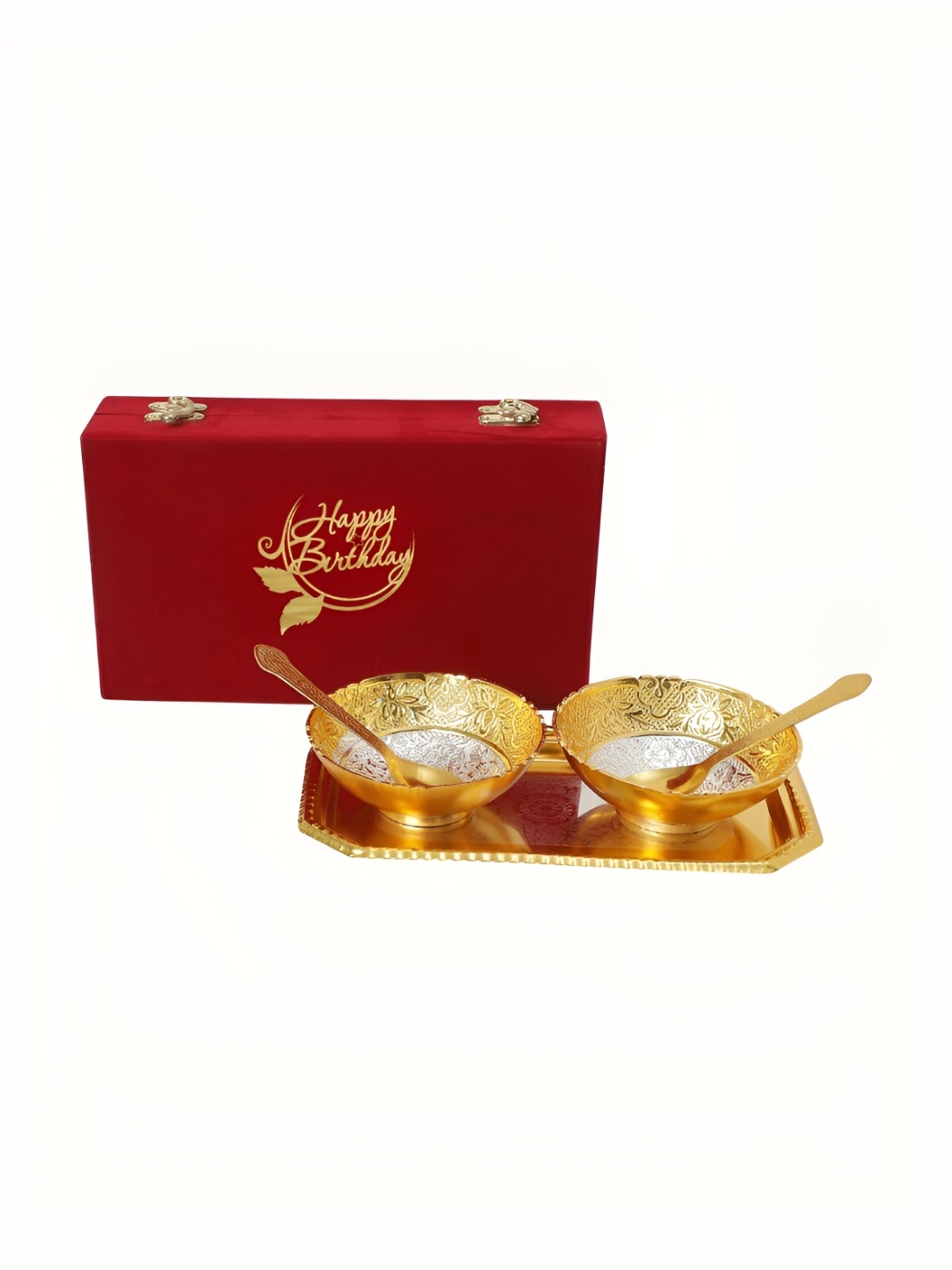 

INTERNATIONAL GIFT Silver & Gold-Toned 6 PCS Bowl Set With Tray & Spoons With Velvet Box