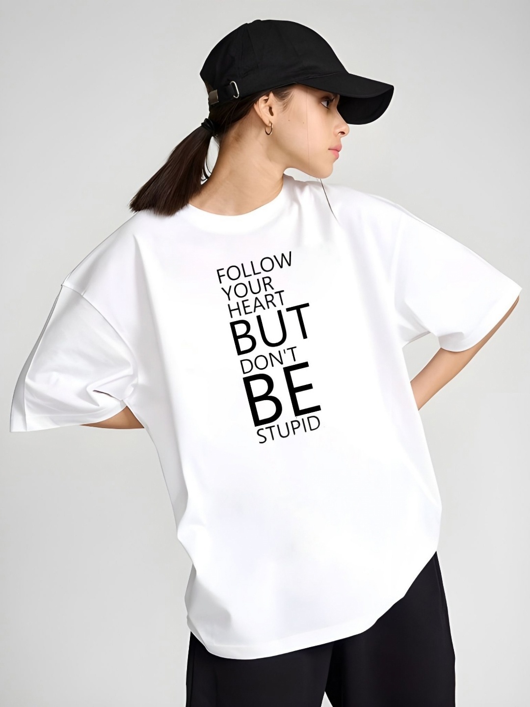 

DressBerry Women Typography Printed Round Neck Cotton Oversized T-shirt, White