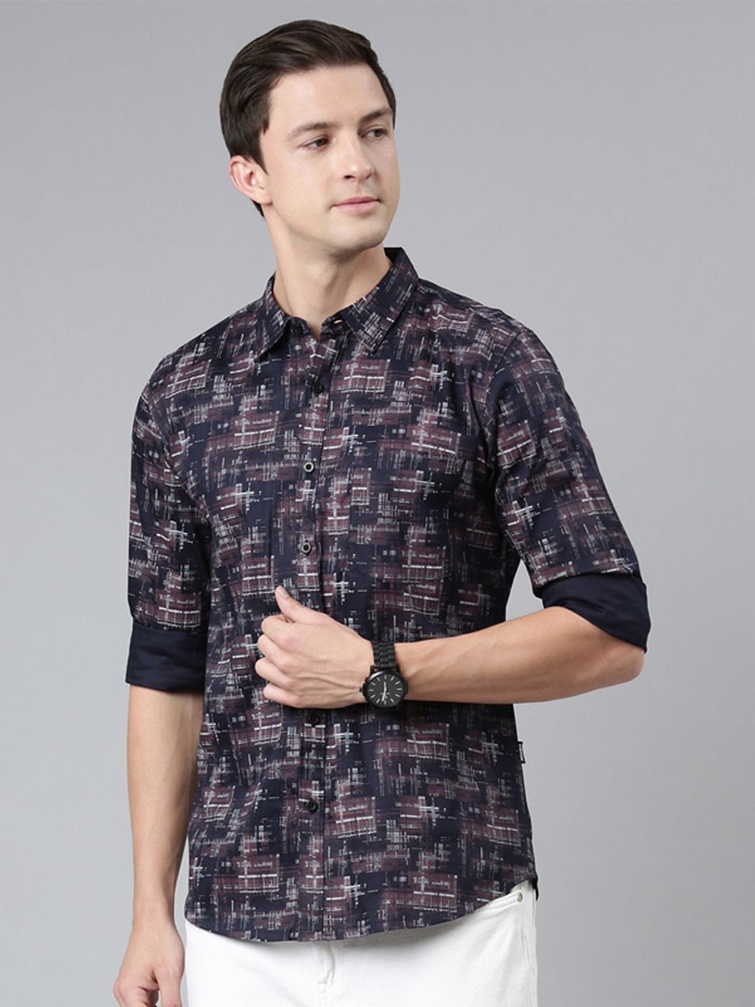

Provogue Men Spread Collar Abstract Printed Cotton Casual Shirt, Navy blue