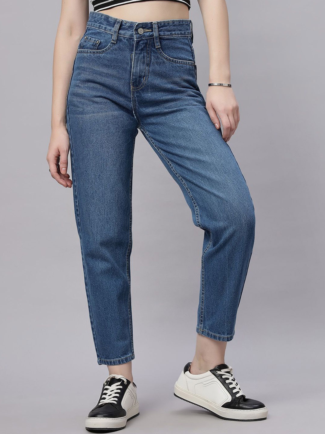 

ZUYA Stone Blue Whisker Mom Fit Denim Women Jeans Casual Luxe Essential