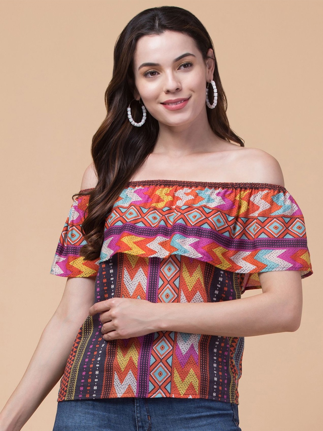 

Hive91 Women Geometric Printed Off-Shoulder Top, Orange