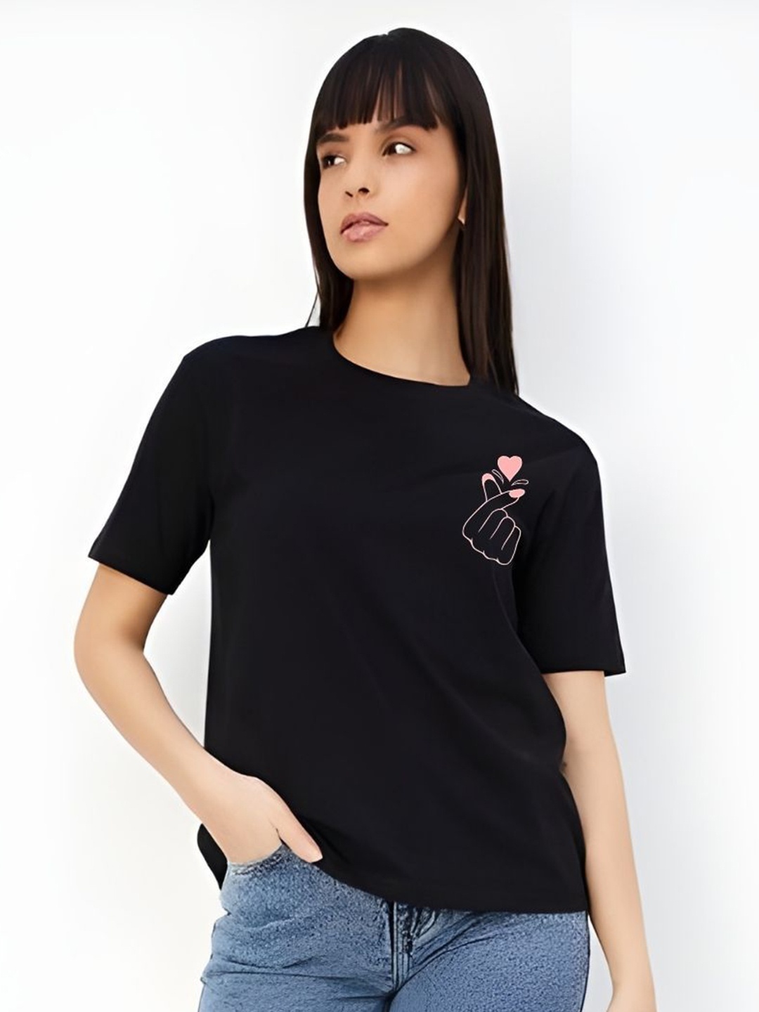 

DressBerry Women Graphic Printed Round Neck Cotton Boxy T-shirt, Black