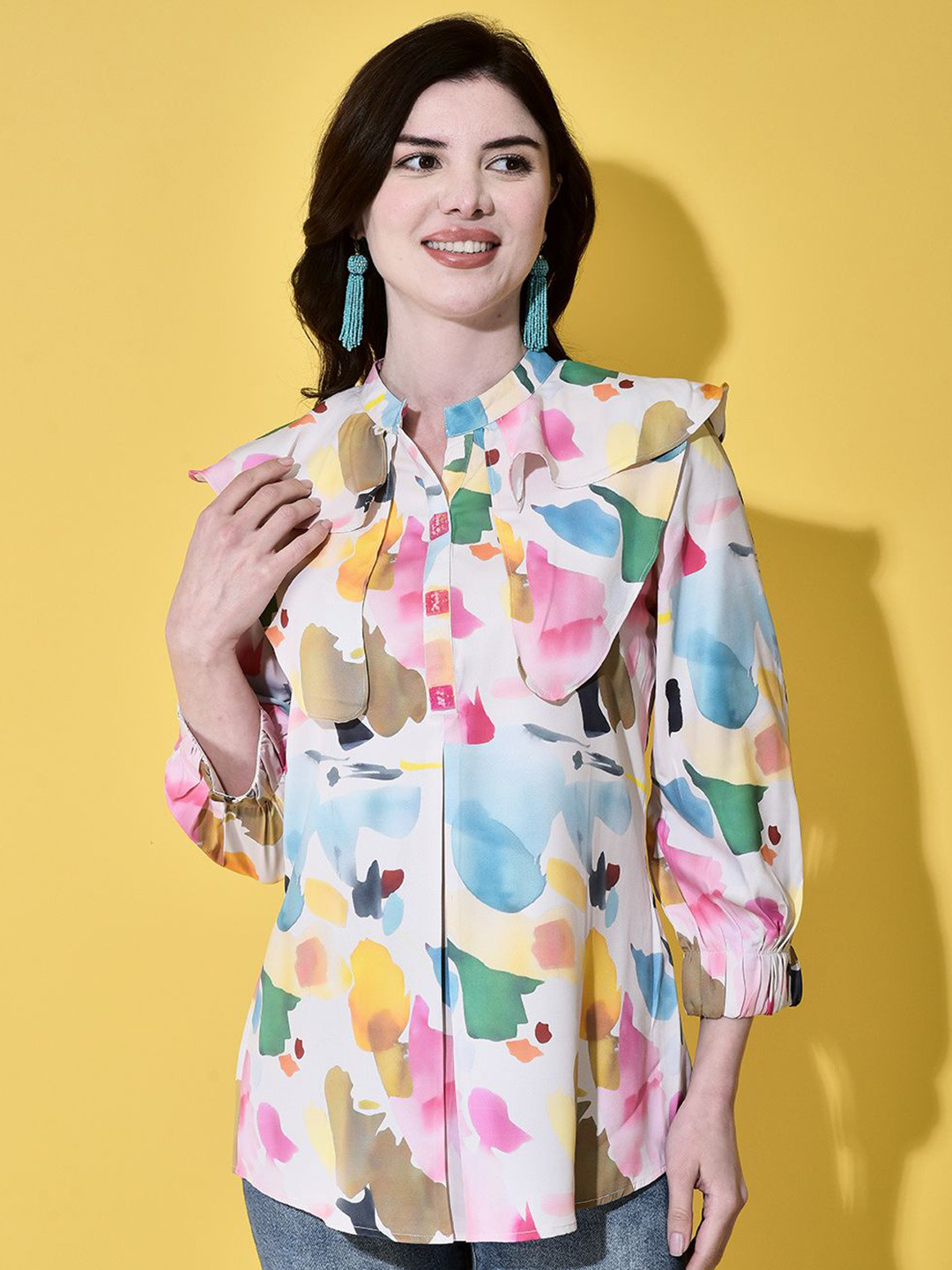 

FUTURO Women Abstract Printed Mandarin Collar Top, White