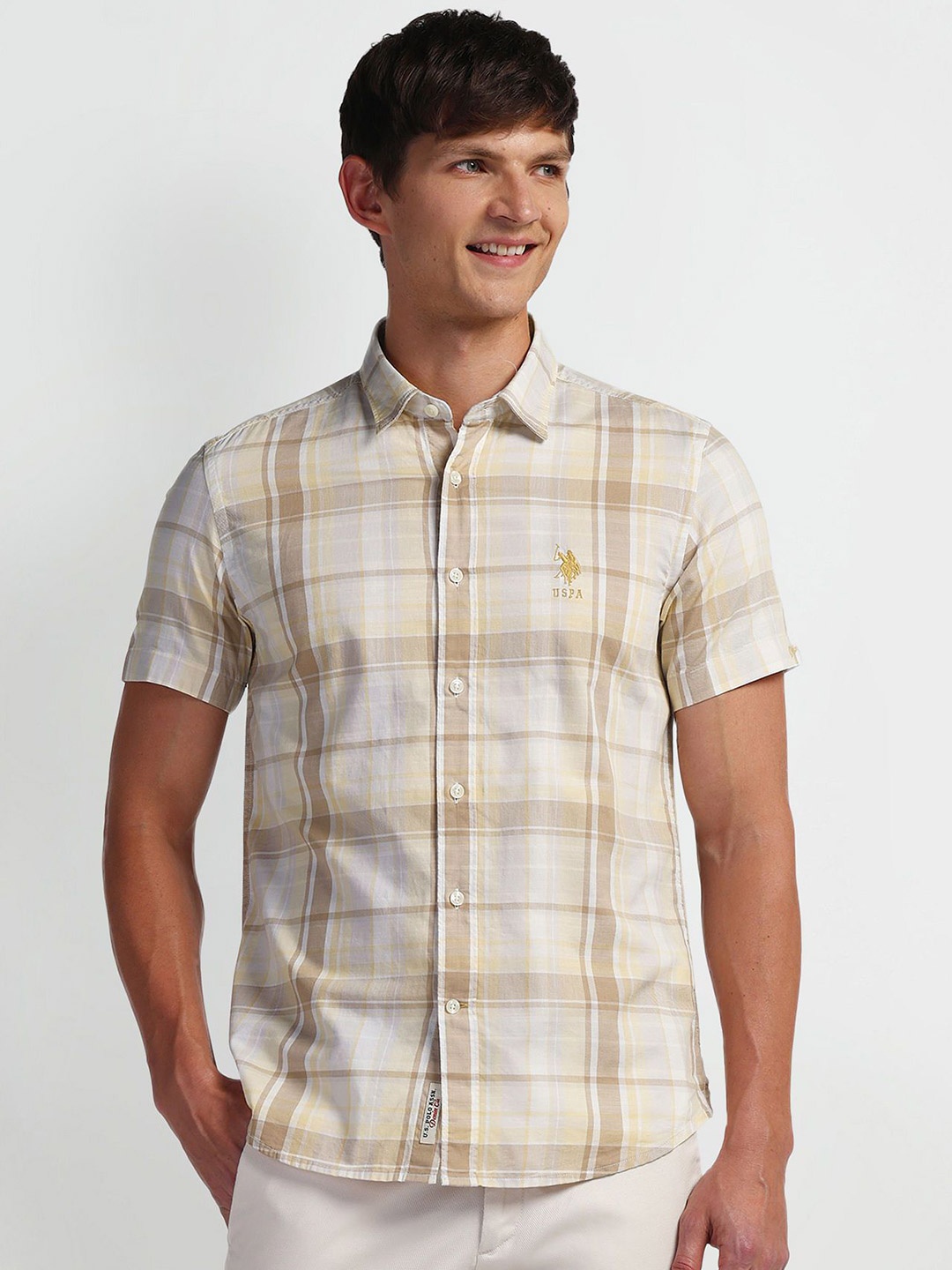 

U.S. Polo Assn. Denim Co. Men Slim Fit Spread Collar Tartan Checked Cotton Casual Shirt, White