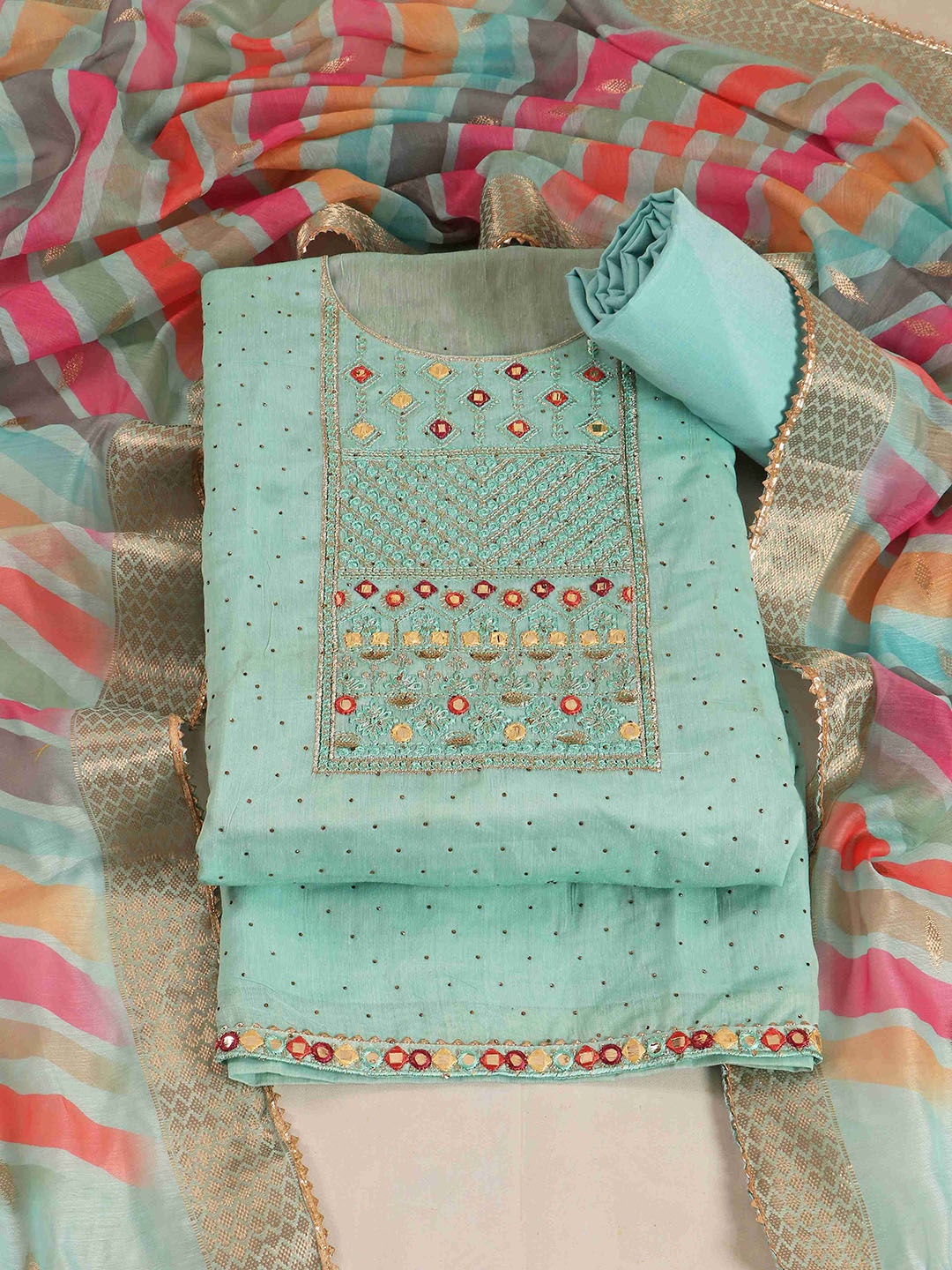 

Riti Floral Embroidered Cotton Blend Unstitched Dress Material, Blue