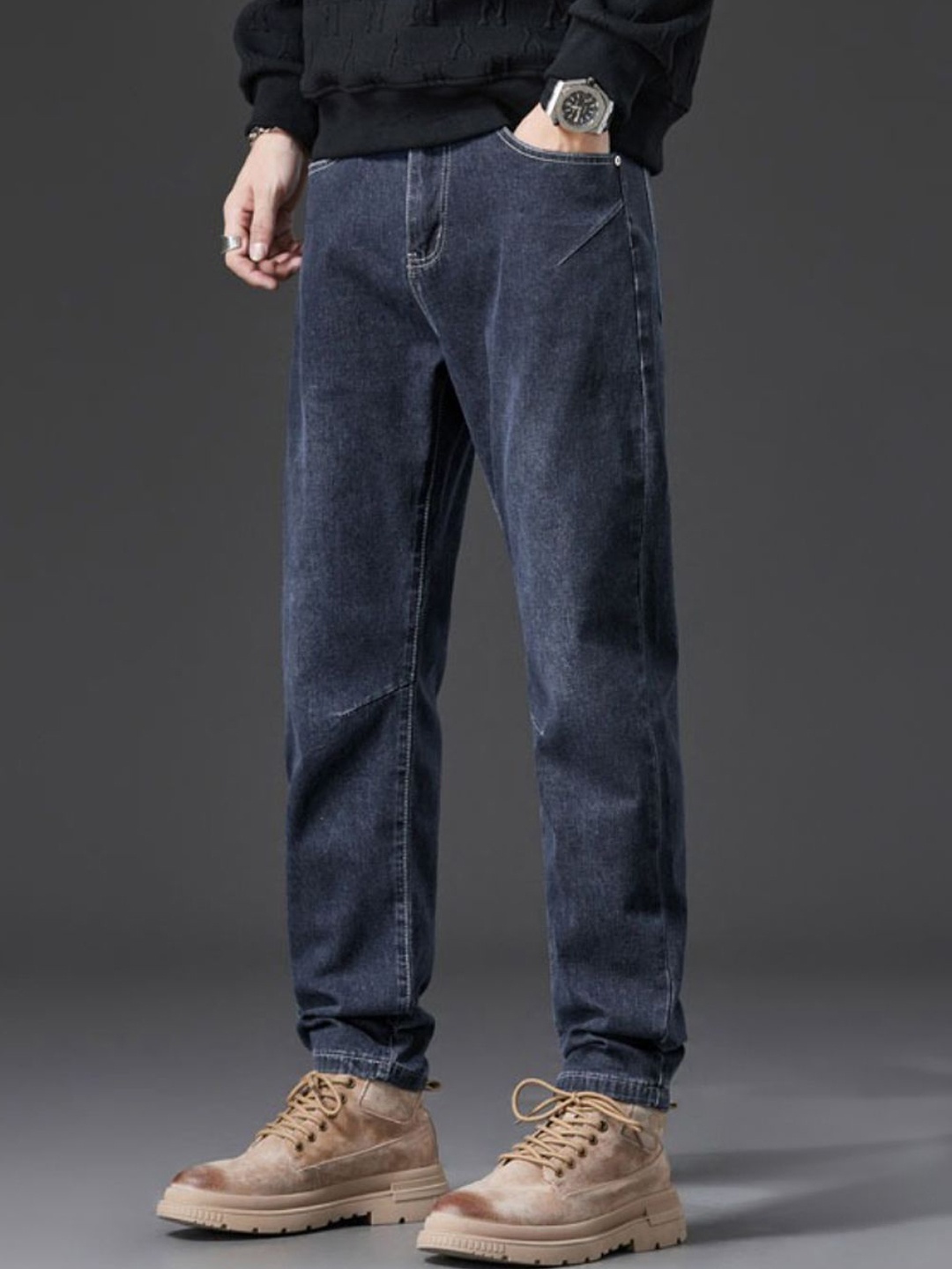 

HERE&NOW Men Slim Fit Mid Rise Clean Look Non Stretchable Jeans, Navy blue