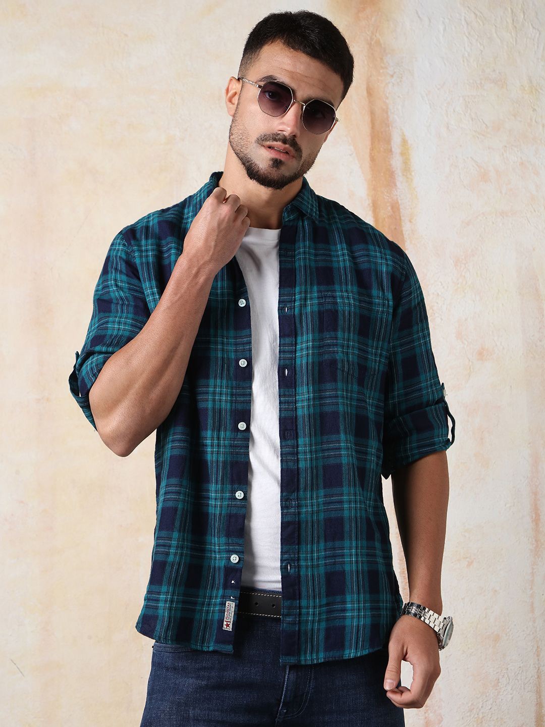 

High Star Men Comfort Fit Spread Collar Tartan Checked Cotton Casual Shirt, Navy blue