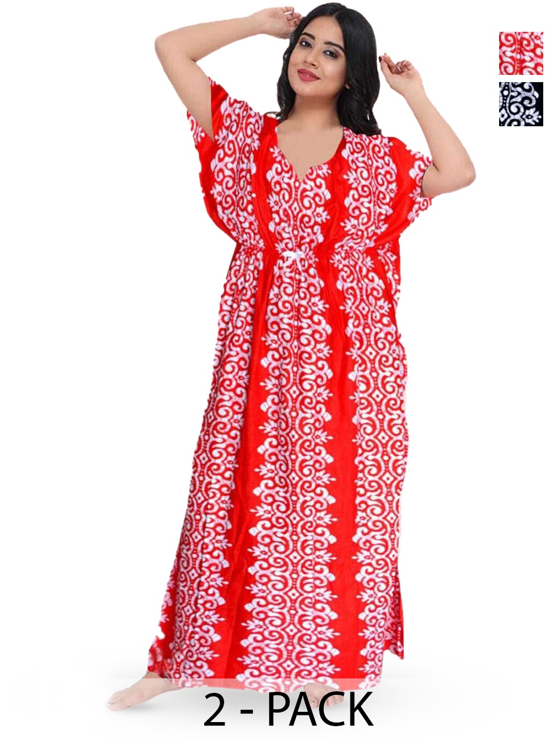 

PR PINK ROYAL Women Pack Of 2 Printed Cotton Kaftan Maxi Nighty, Red