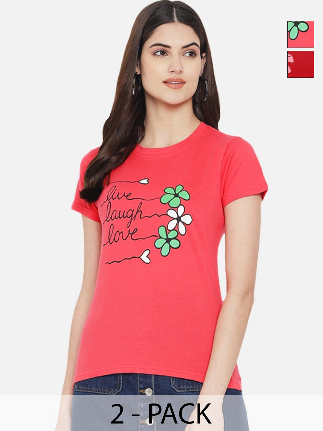 

Dreambe Women Pack Of 2 Graphic Printed Round Neck Cotton T-shirts, Peach