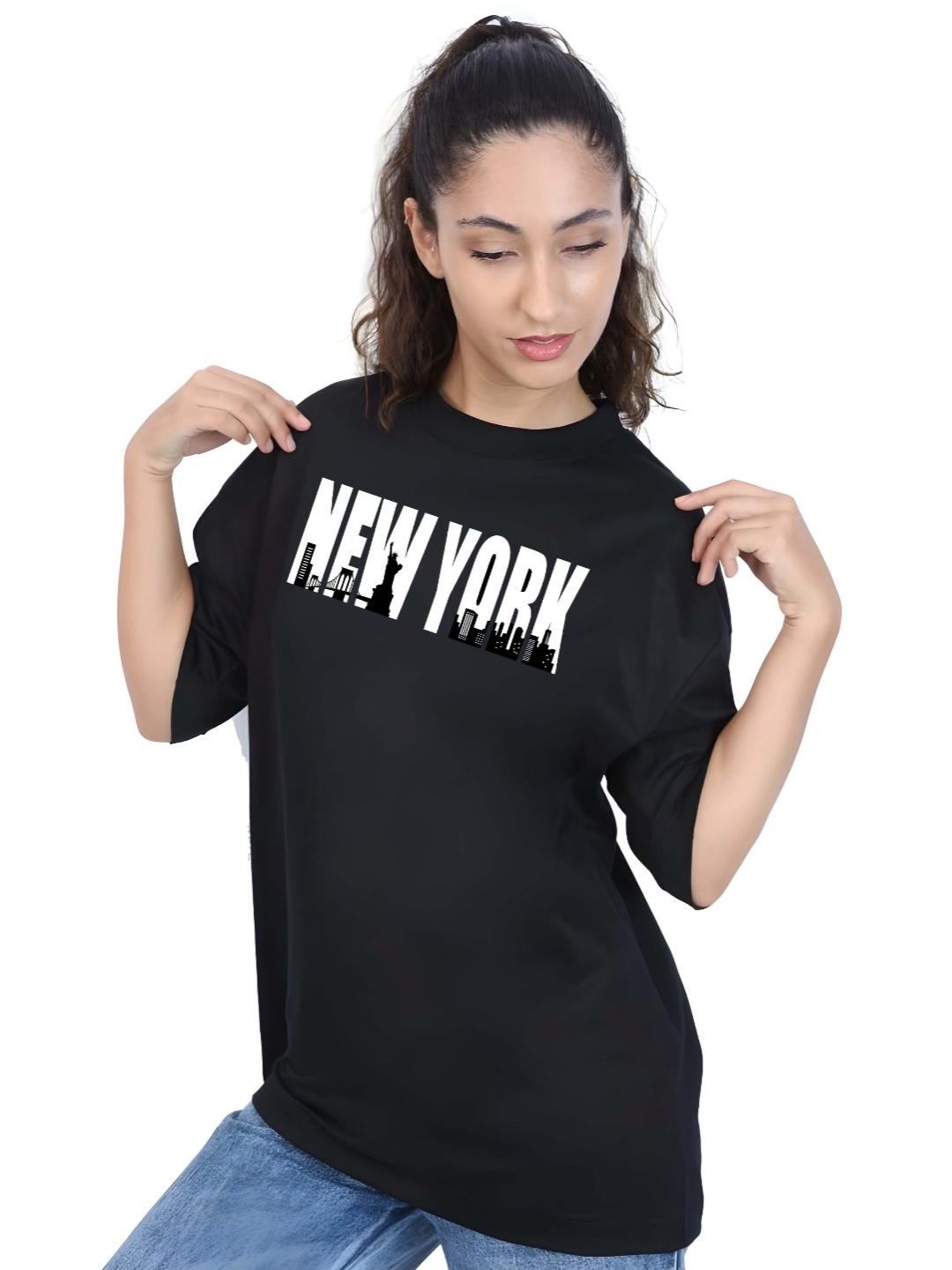 

SZN Women Typography Printed Round Neck Cotton Oversized T-shirt, Black