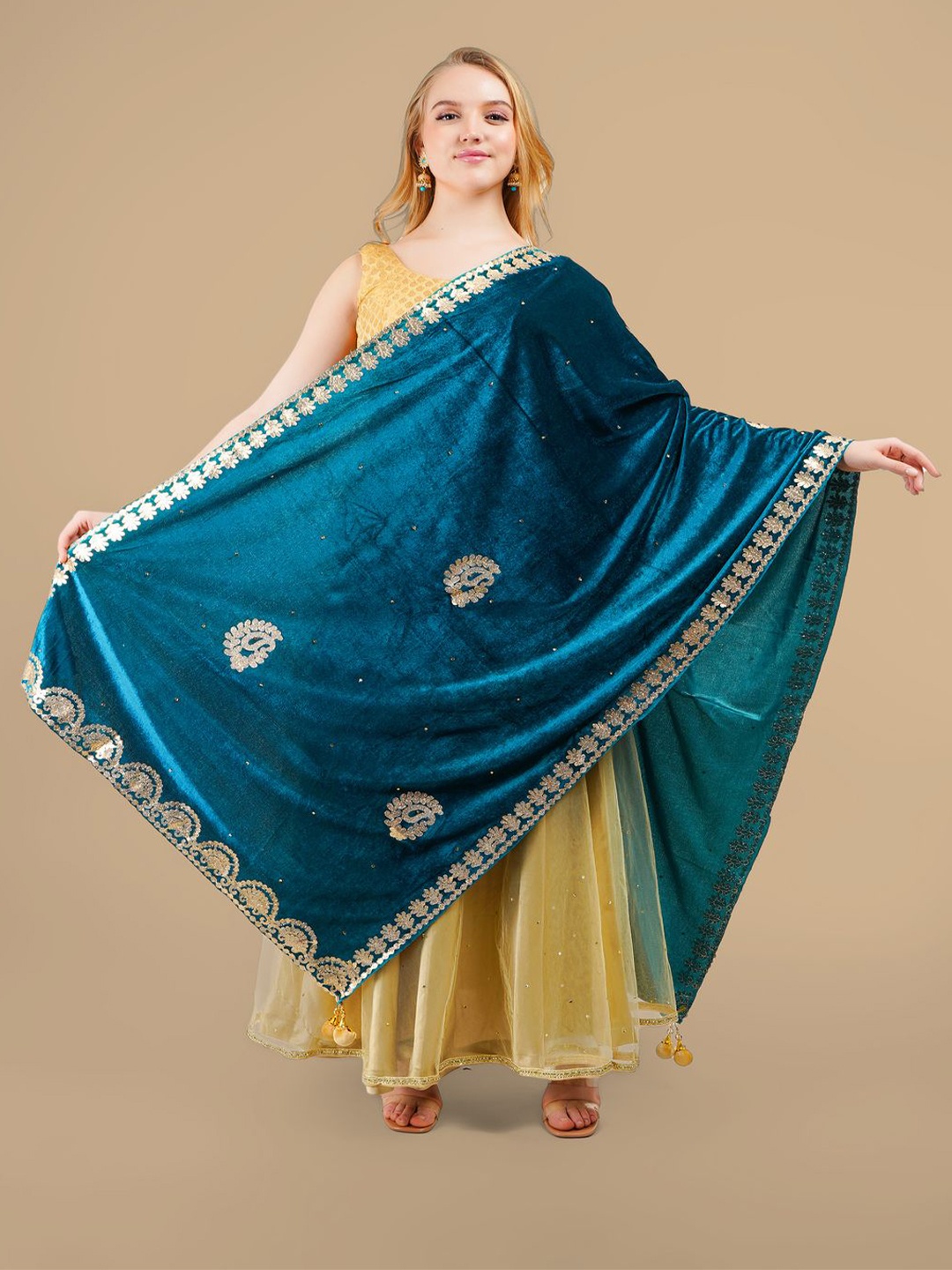 

Karthav Fashion Paisley Embroidered Velvet Dupatta With Gotta patti, Teal