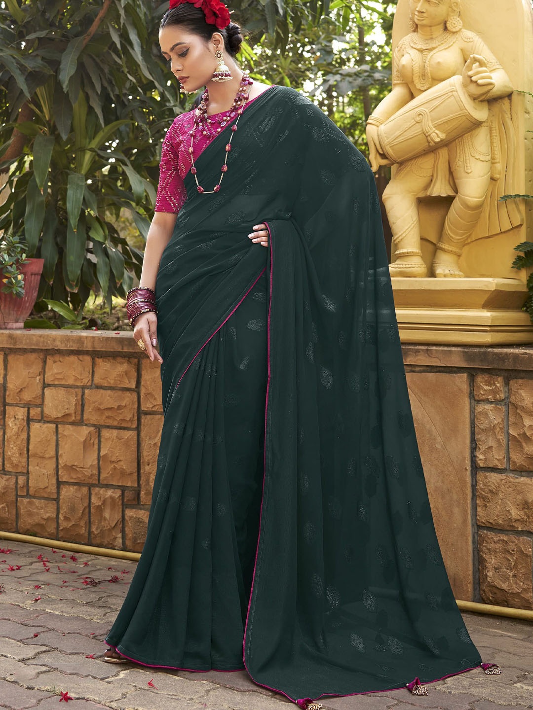 

A.V.M. SILK MILLS Woven Design Pure Georgette Saree, Teal