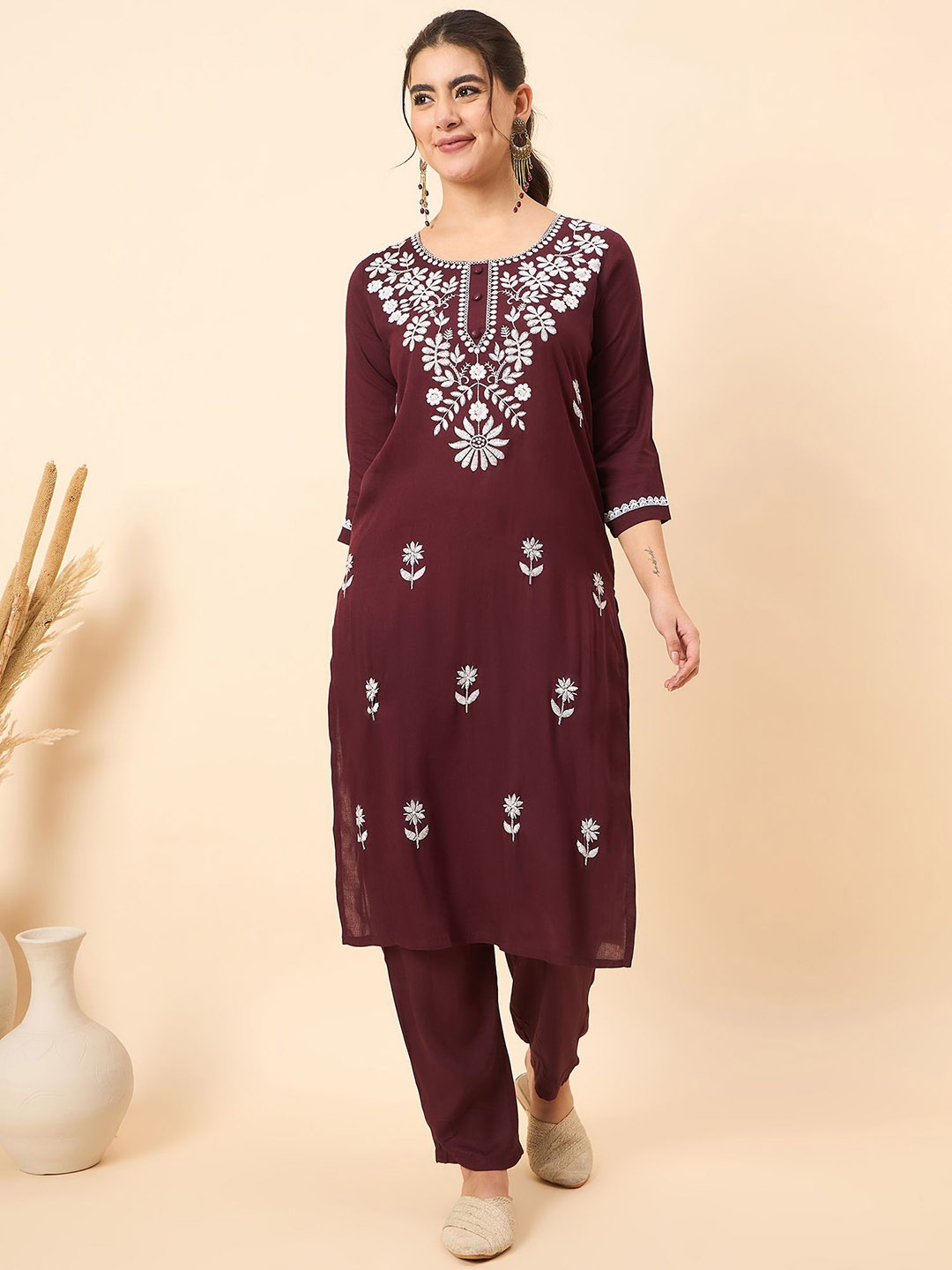 

Anouk Maroon Ethnic Motifs Embroidered Chikankari Pure Cotton Kurta With Trouser