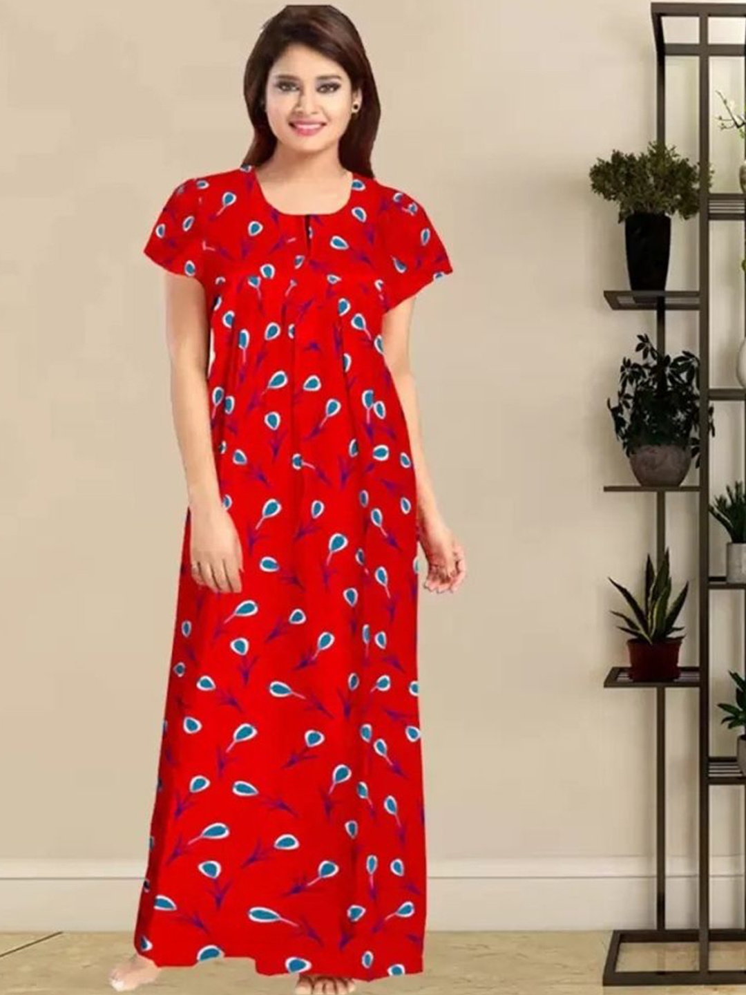 

PR PINK ROYAL Women Printed Pure Cotton Maxi Nightdress, Red