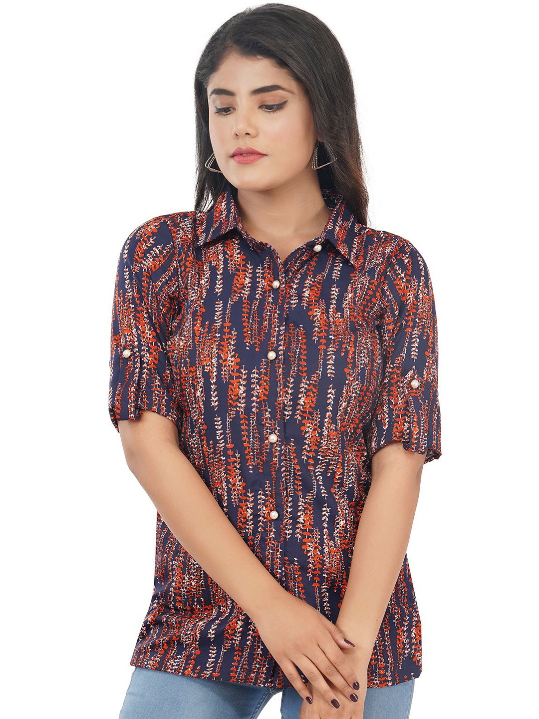 

Edla Women Spread Collar Floral Printed Cotton Casual Shirt, Navy blue