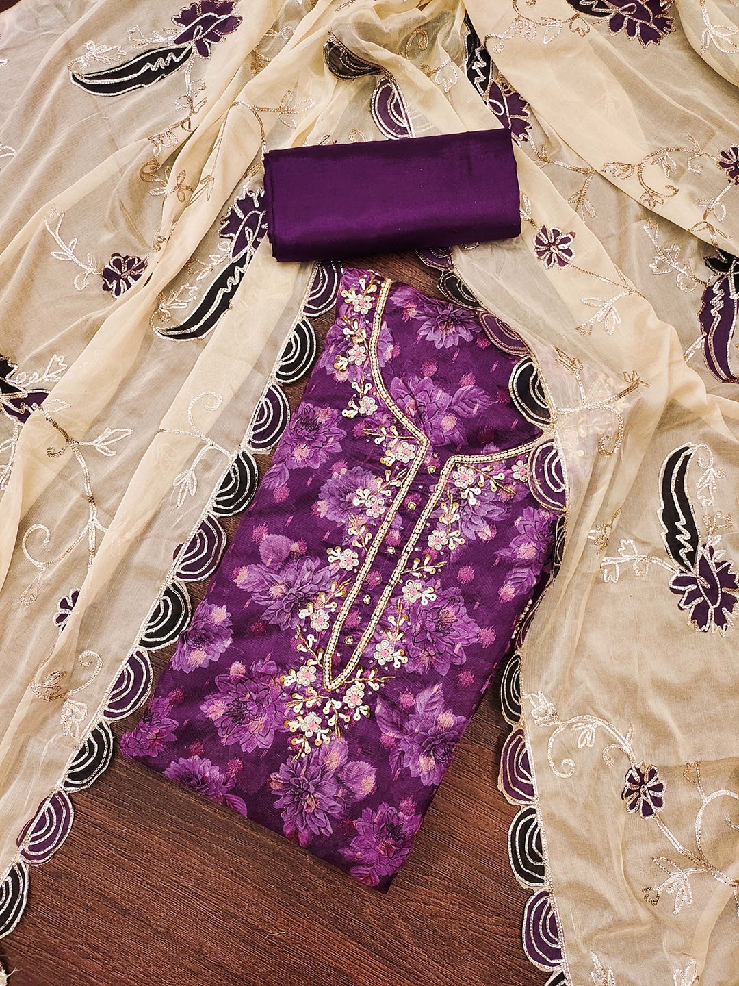 

HERE&NOW Floral Embroidered Banarasi Unstitched Dress Material, Purple