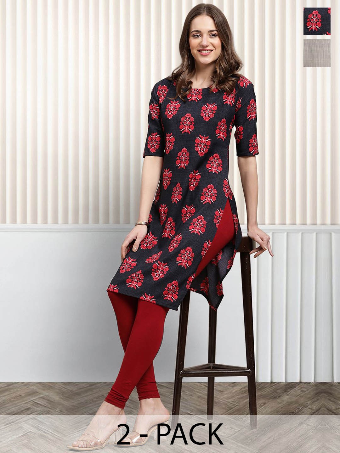 

Moda Rapido Set of 2 Ethnic Printed Round Neck Straight Kurtas, Navy blue