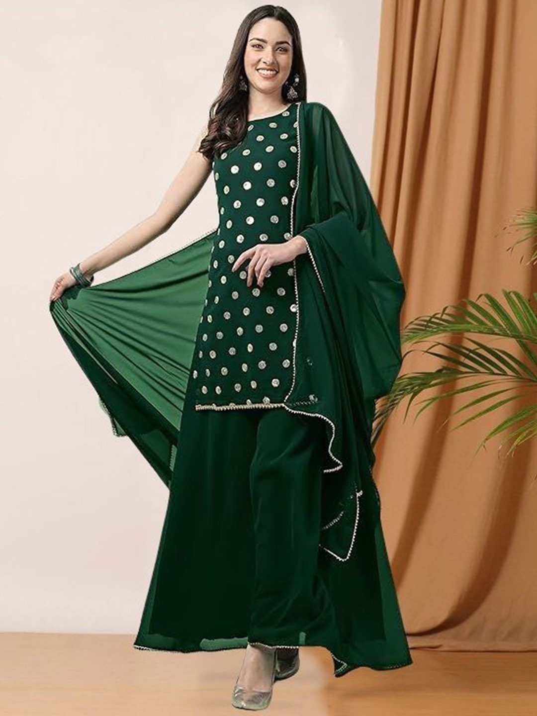 

PARROT CREATION Geometric Embroidered Sequinned Georgette Kurti with Sharara And Dupatta, Green