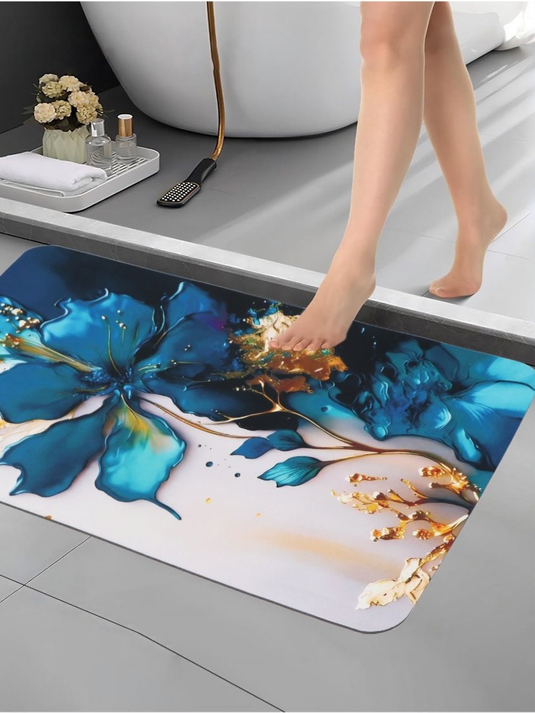

Aura Blue & White Printed Anti Skid Bath Rug