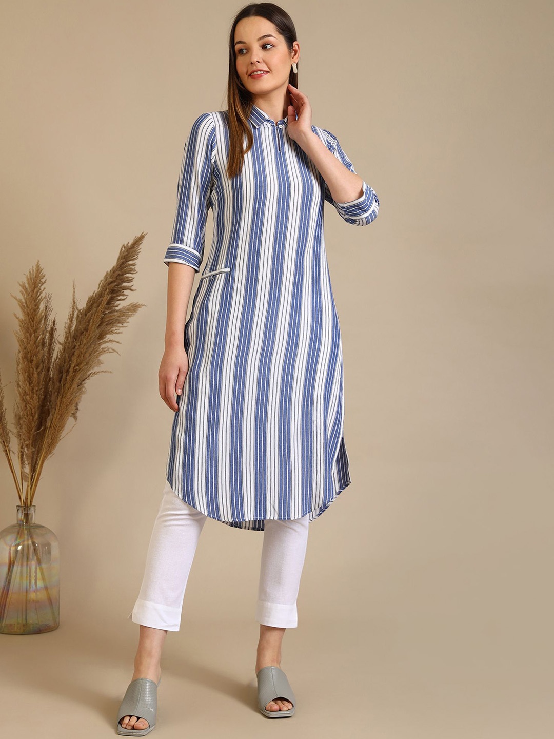 

AURELIA Striped Shirt Collar Pathani Kurta, Blue