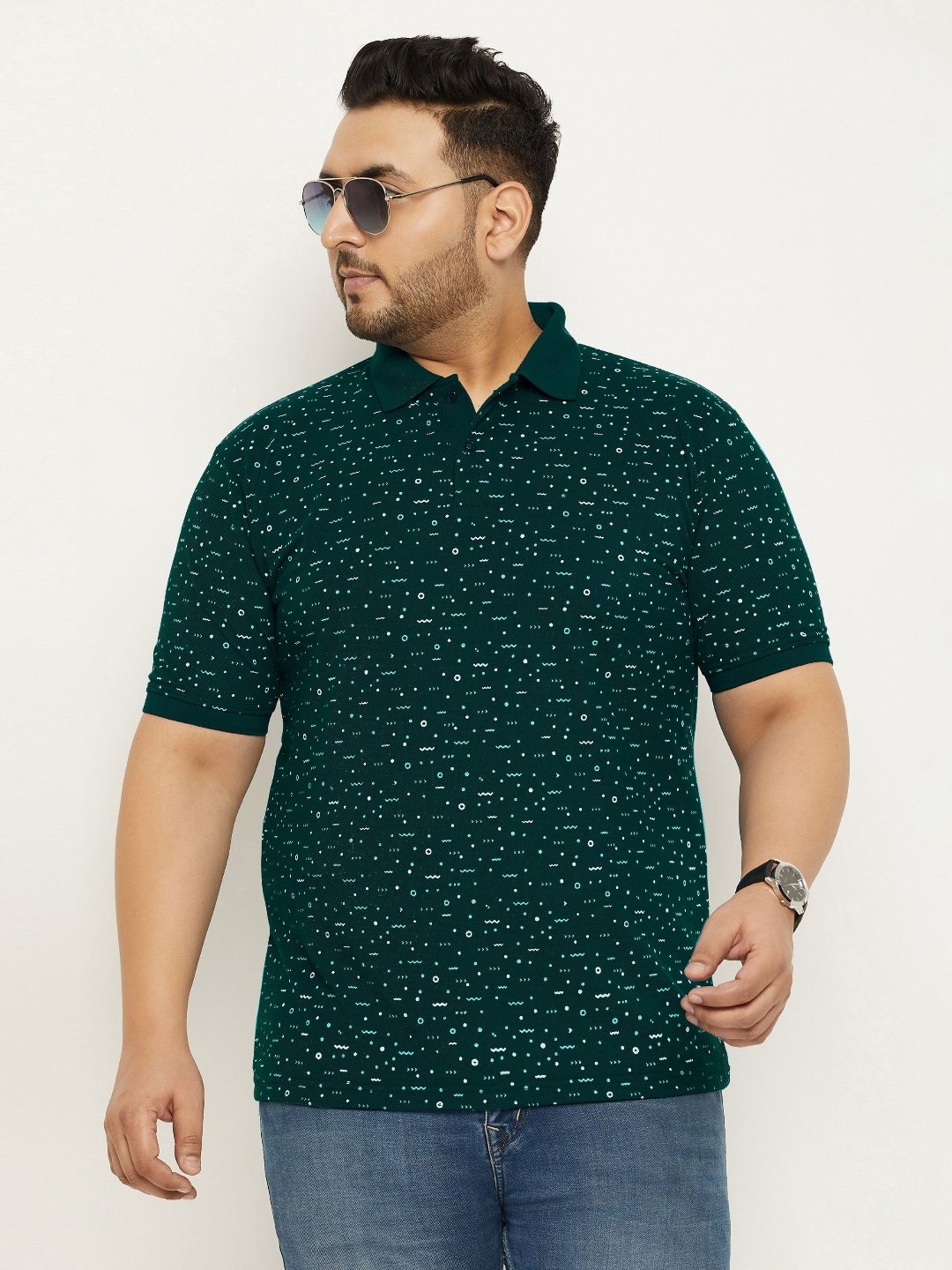 

NYKER Men Plus Size Geometric Printed Polo Collar Cotton T-shirt, Olive