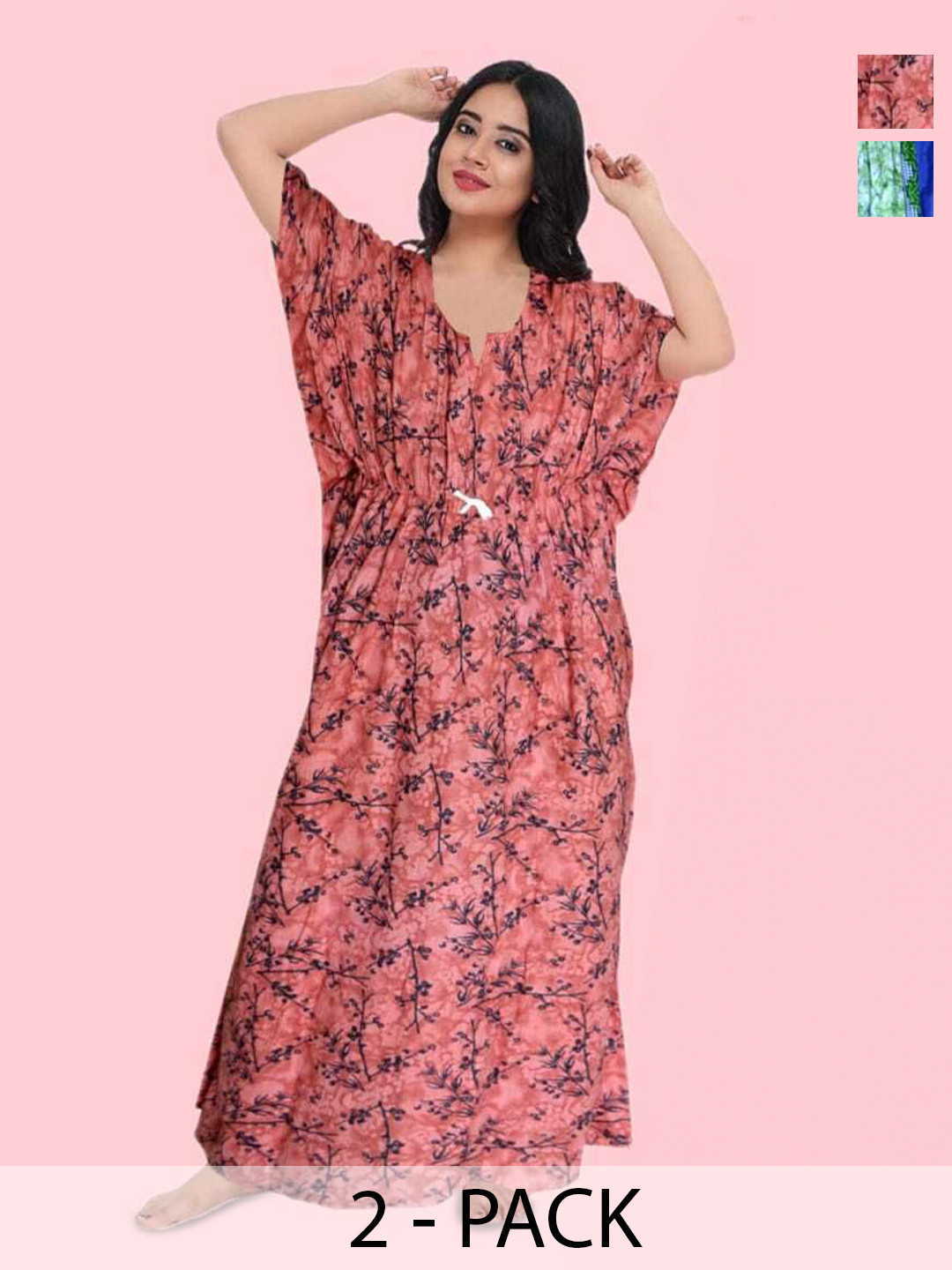

PR PINK ROYAL Women Pack of 2 Printed Pure Cotton Maxi Kaftan Nightdress, Orange